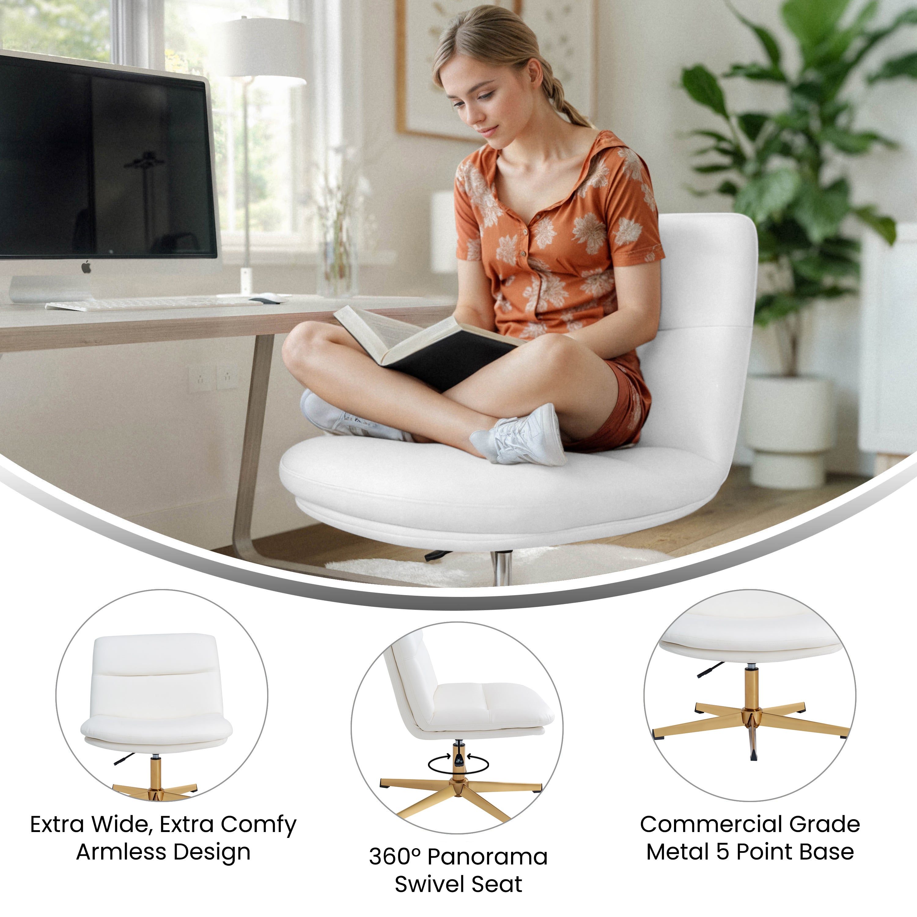 Chloe Commercial Wide Mid-Back White Padded LeatherSoft Armless Stationary Task Office Chair with Adjustable Height, Swivel Function, and Gold Frame