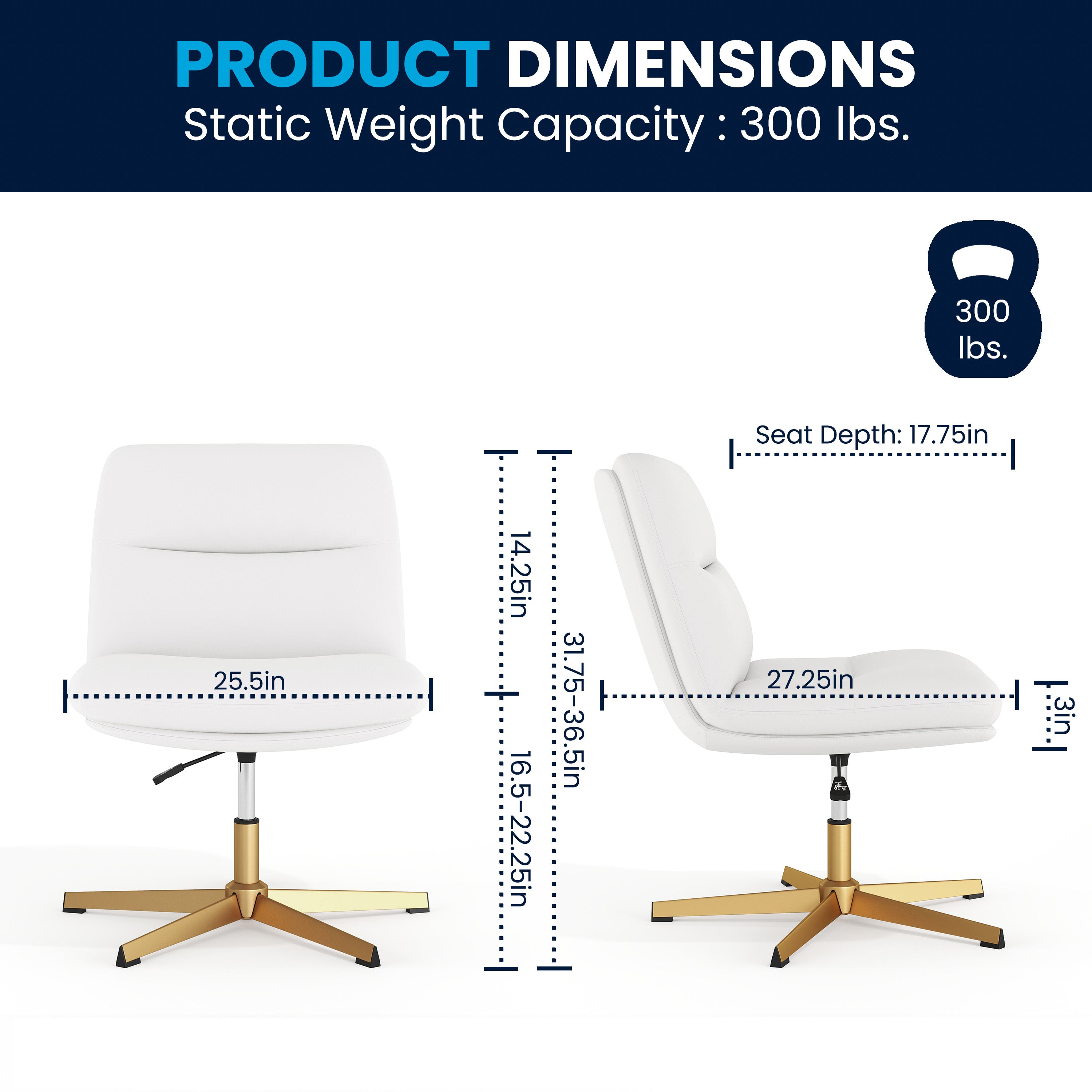 Chloe Commercial Wide Mid-Back White Padded LeatherSoft Armless Stationary Task Office Chair with Adjustable Height, Swivel Function, and Gold Frame