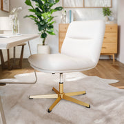 Chloe Commercial Wide Mid-Back White Padded LeatherSoft Armless Stationary Task Office Chair with Adjustable Height, Swivel Function, and Gold Frame