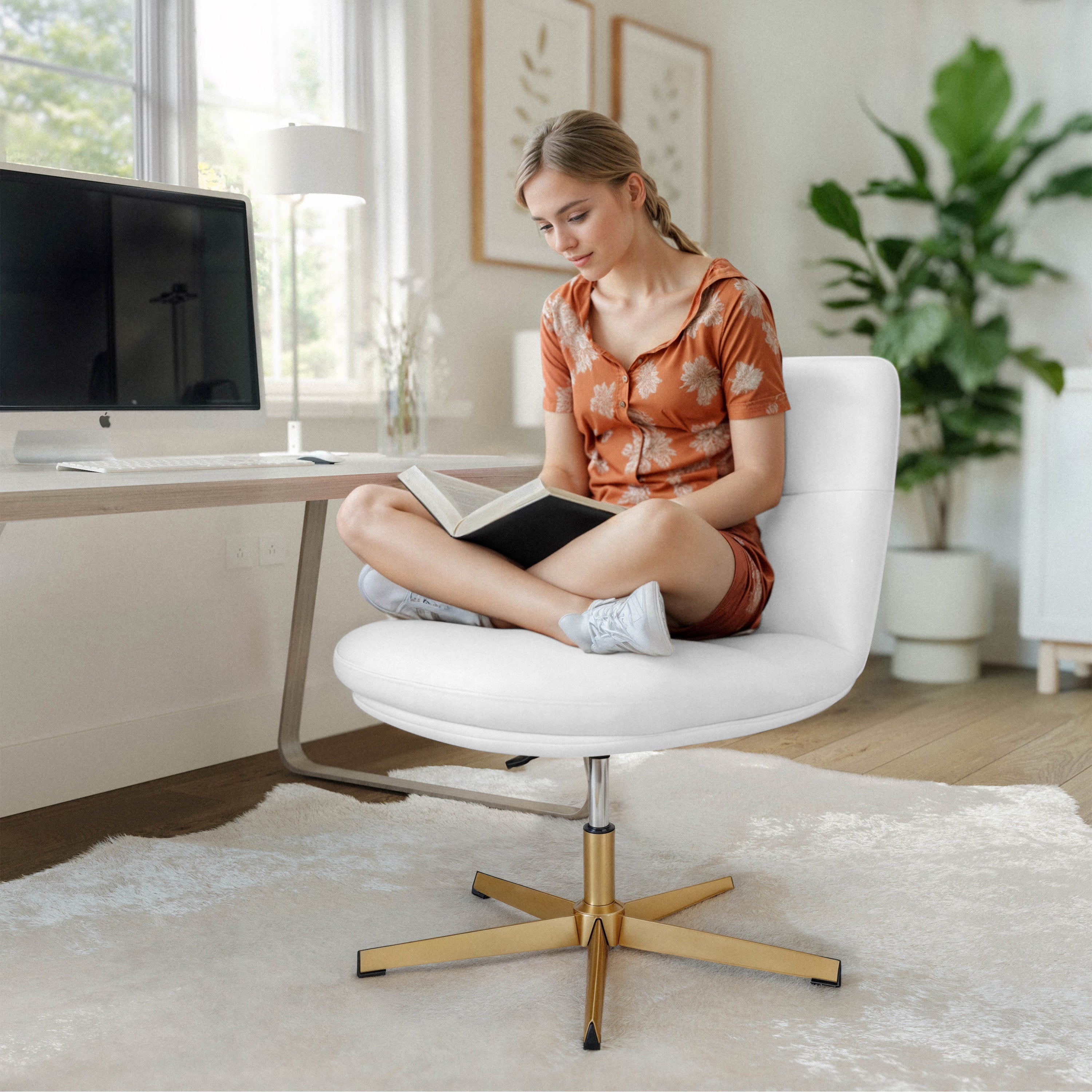 Chloe Commercial Wide Mid-Back White Padded LeatherSoft Armless Stationary Task Office Chair with Adjustable Height, Swivel Function, and Gold Frame