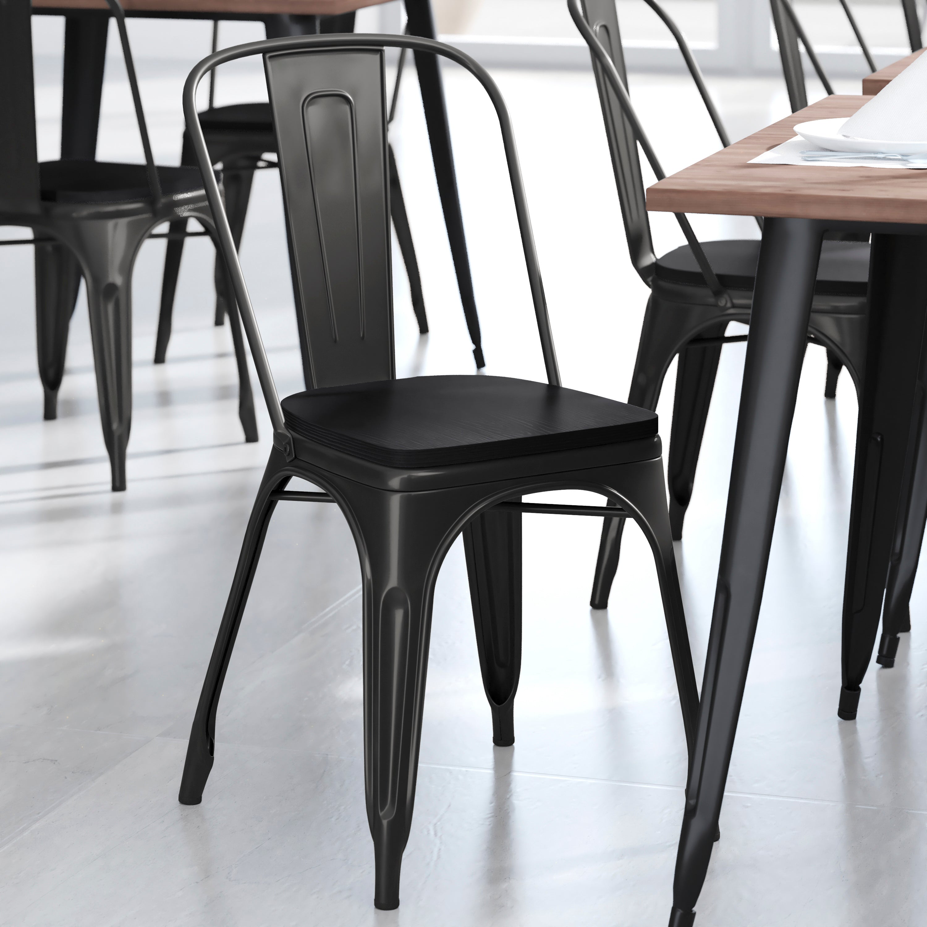 Perry Commercial Grade Black Metal Indoor-Outdoor Stackable Chair with Black Poly Resin Wood Seat