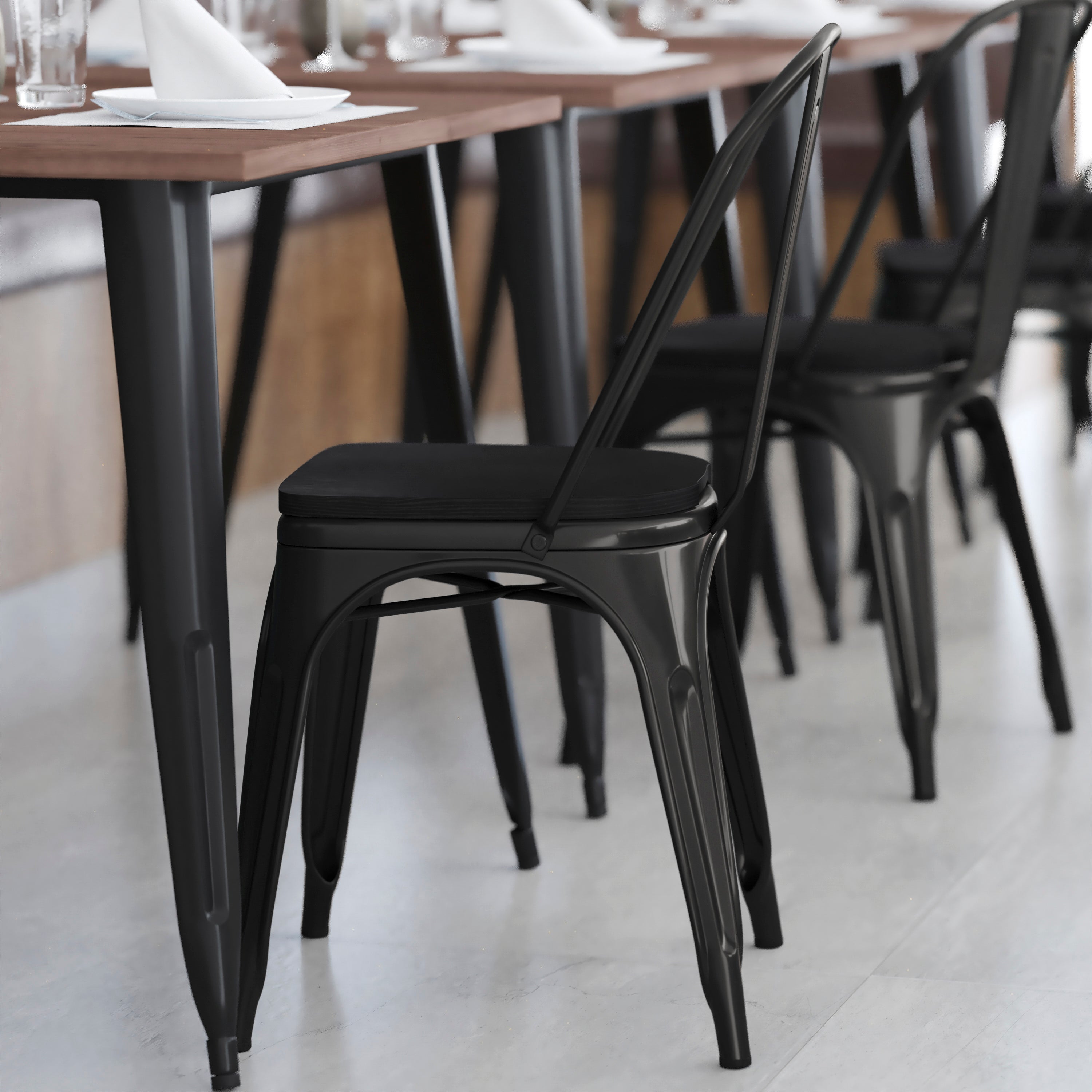 Perry Commercial Grade Black Metal Indoor-Outdoor Stackable Chair with Black Poly Resin Wood Seat