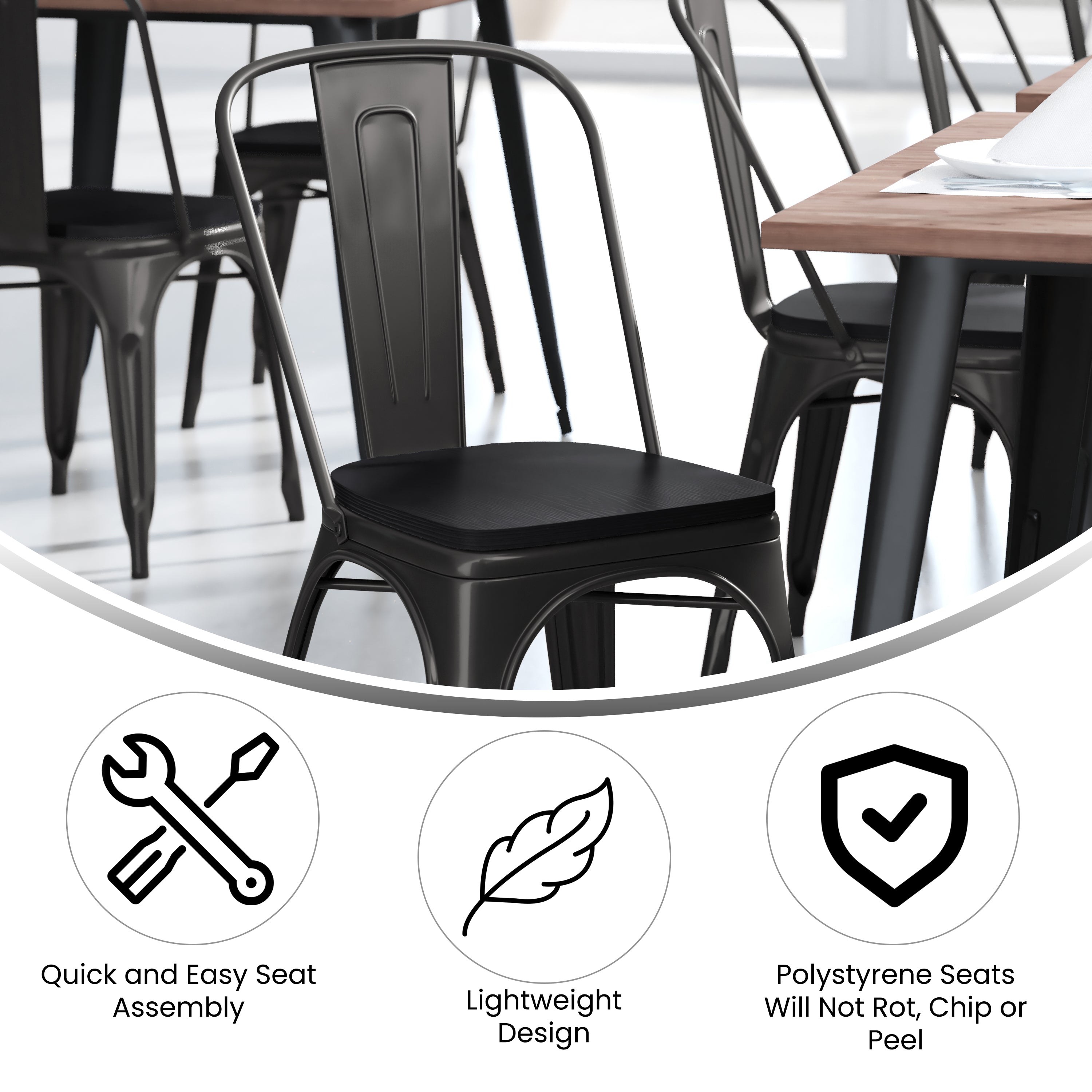 Perry Commercial Grade Black Metal Indoor-Outdoor Stackable Chair with Black Poly Resin Wood Seat