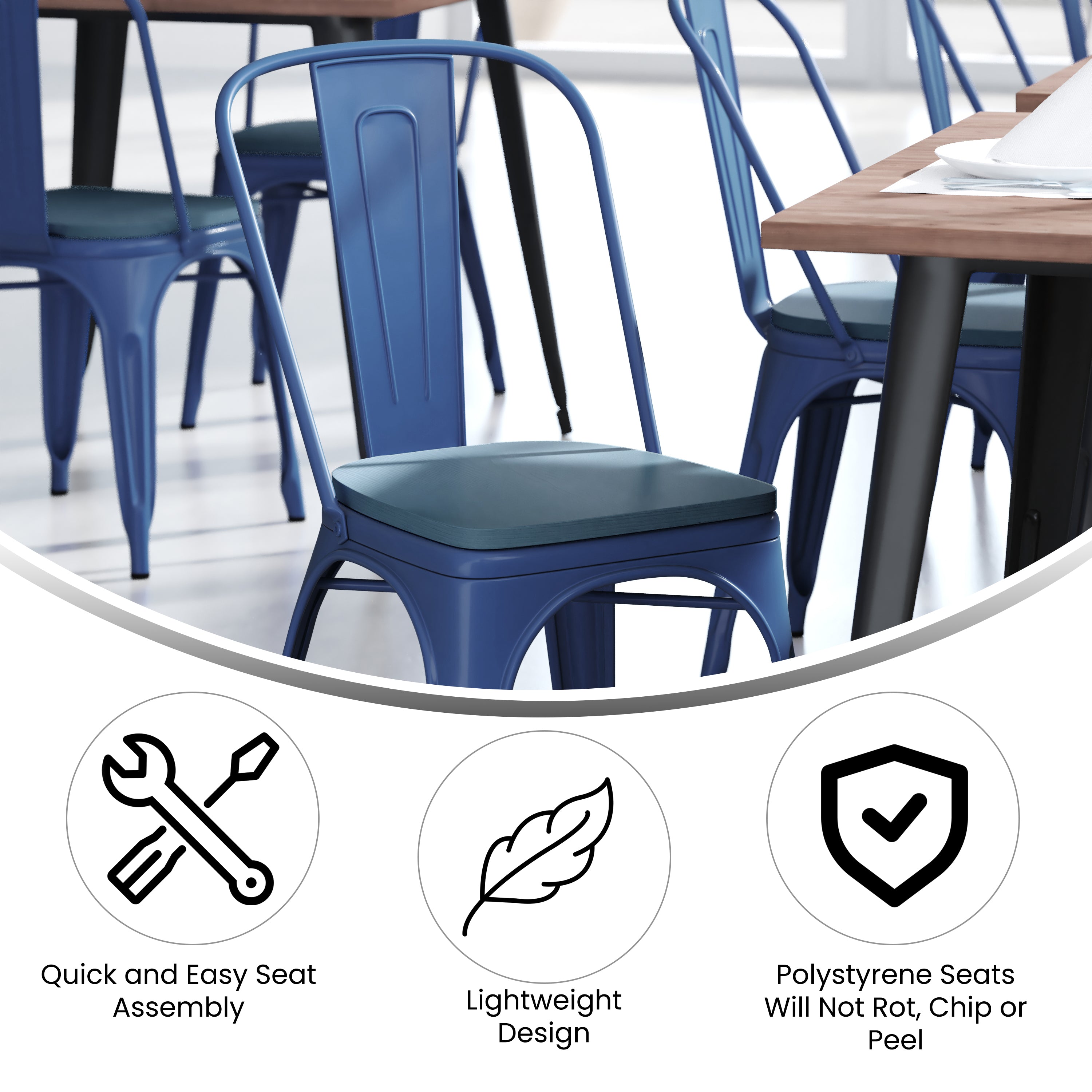 Perry Commercial Grade Blue Metal Indoor-Outdoor Stackable Chair with Teal-Blue Poly Resin Wood Seat