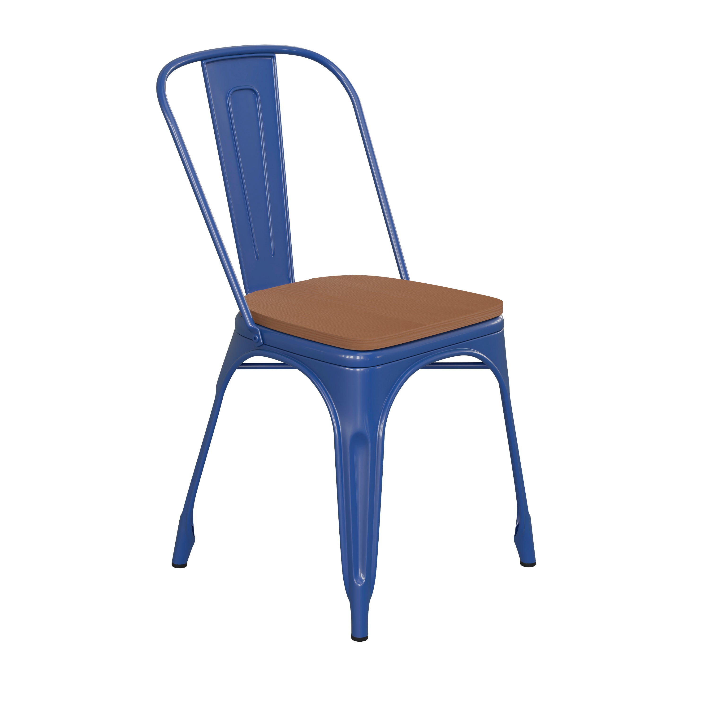 Perry Commercial Grade Blue Metal Indoor-Outdoor Stackable Chair with Teak Poly Resin Wood Seat