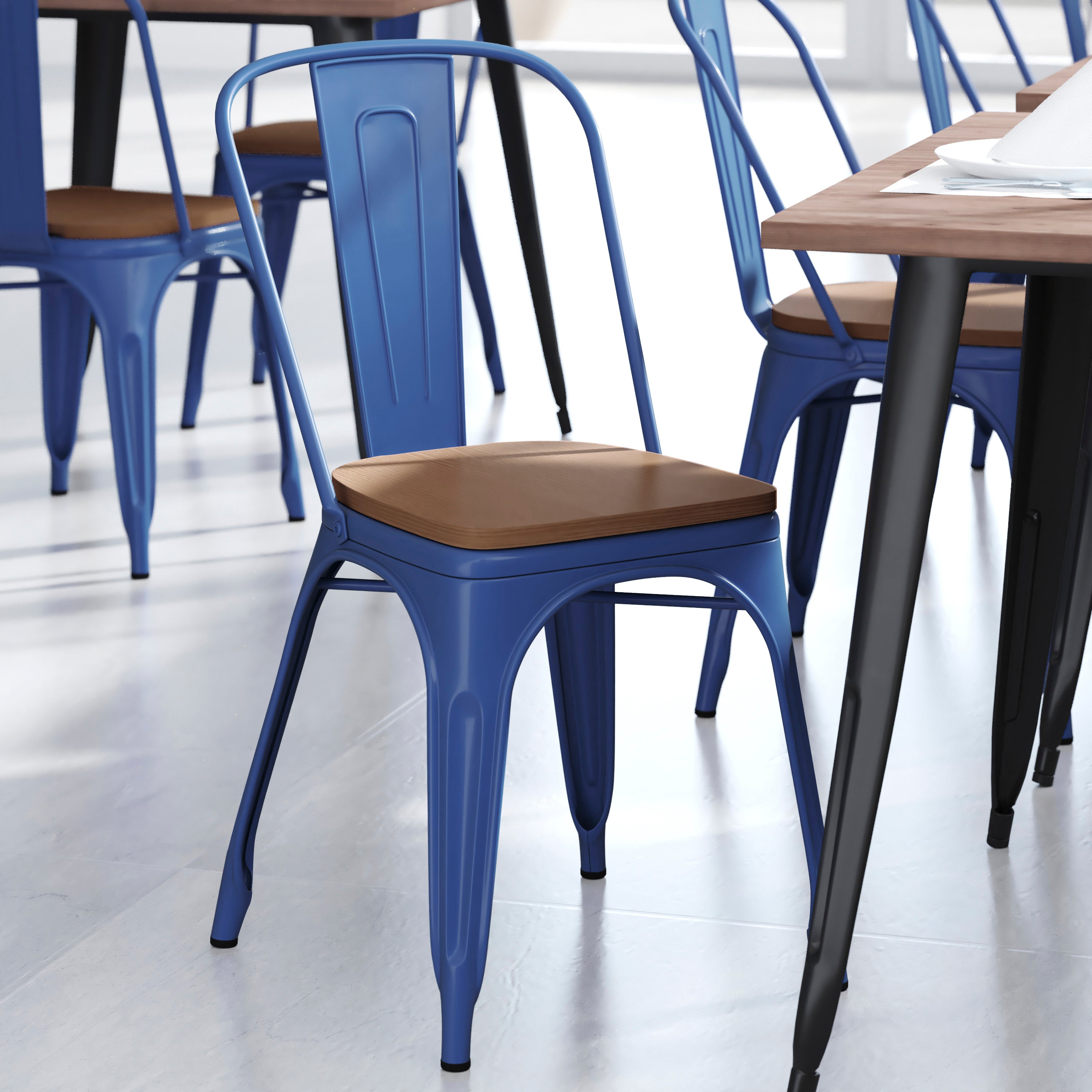 Perry Commercial Grade Blue Metal Indoor-Outdoor Stackable Chair with Teak Poly Resin Wood Seat