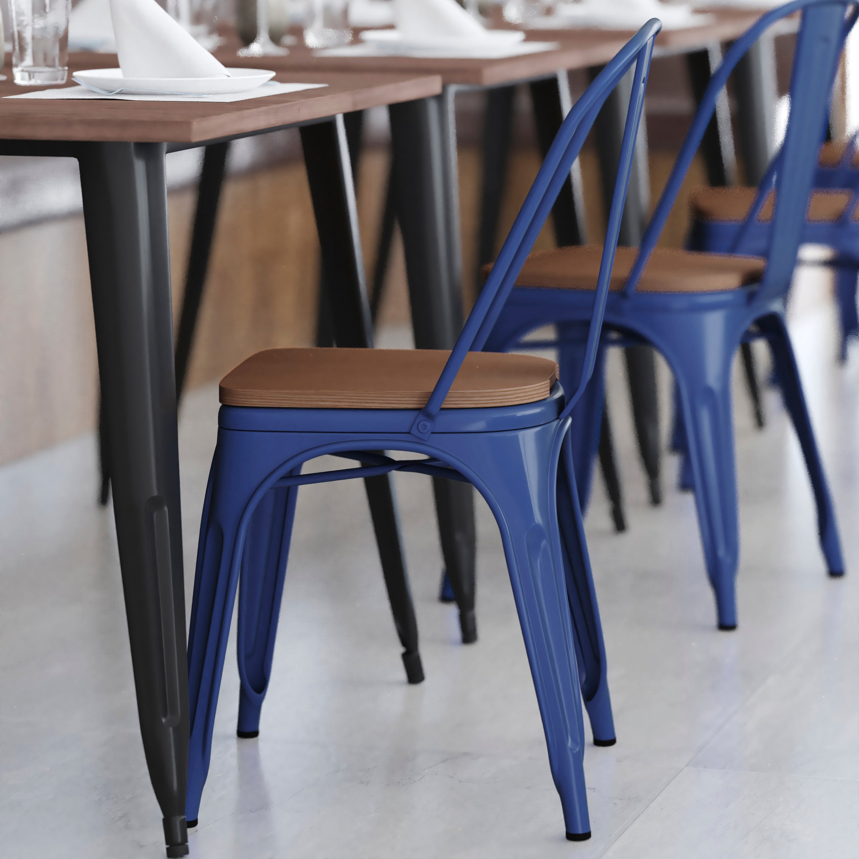 Perry Commercial Grade Blue Metal Indoor-Outdoor Stackable Chair with Teak Poly Resin Wood Seat