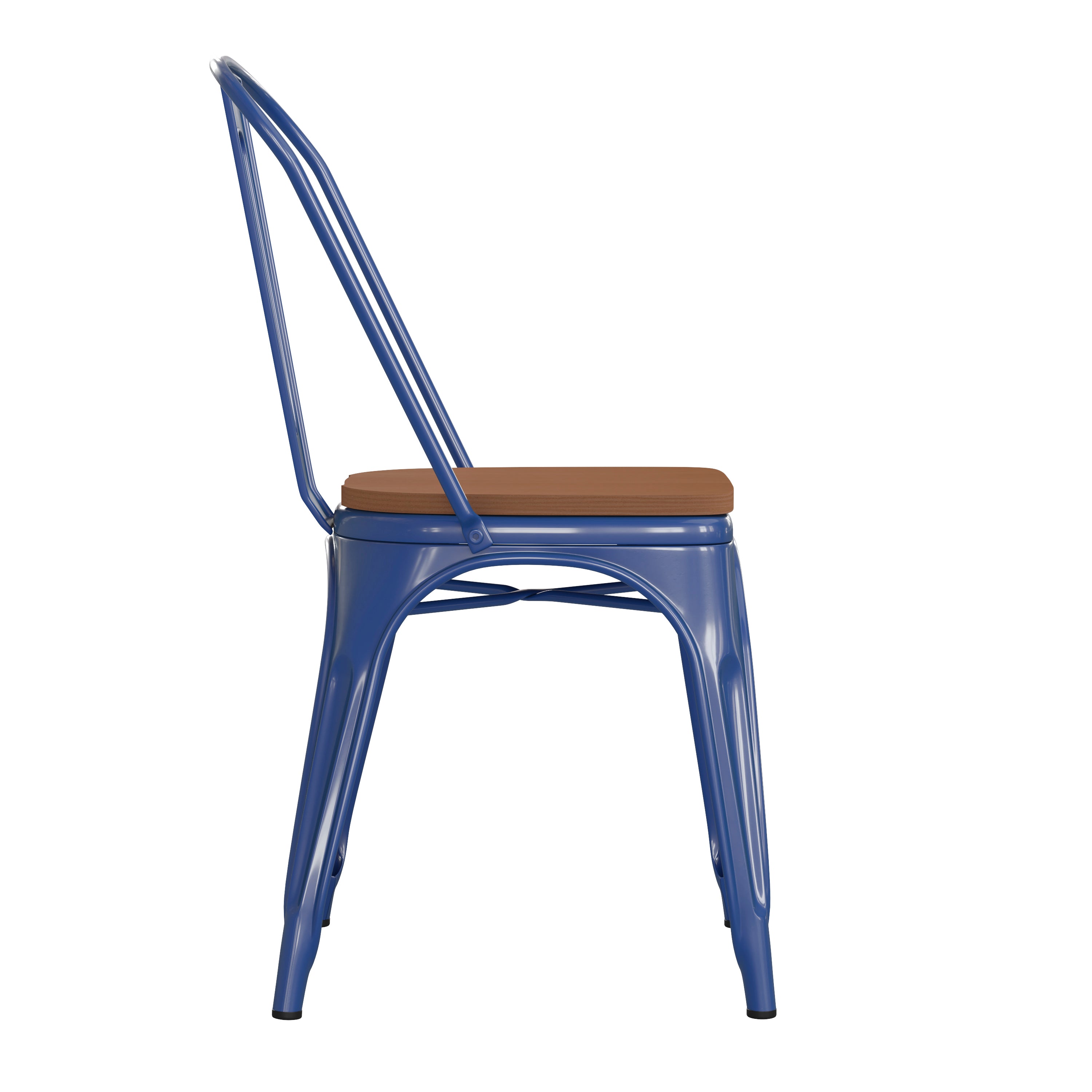Perry Commercial Grade Blue Metal Indoor-Outdoor Stackable Chair with Teak Poly Resin Wood Seat