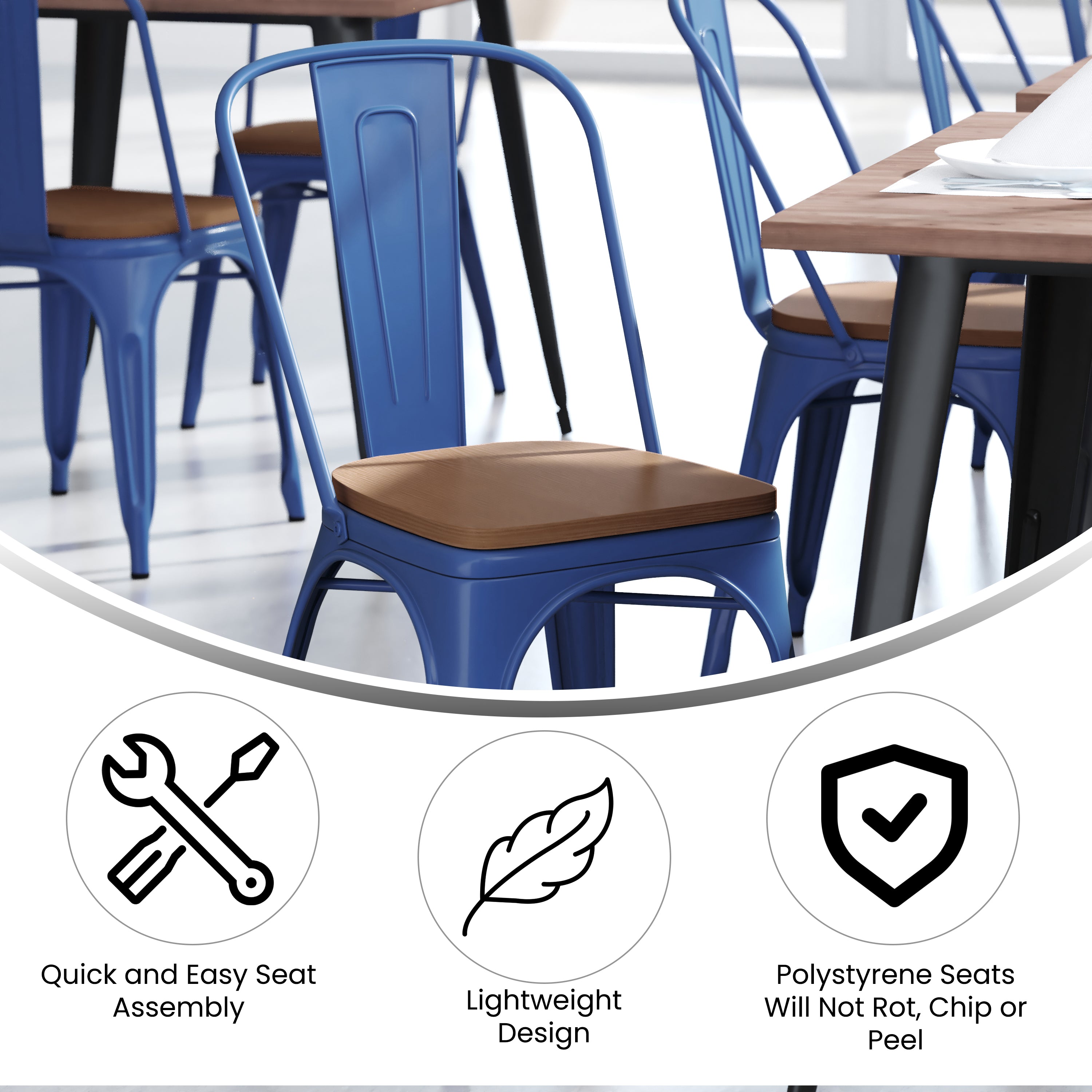 Perry Commercial Grade Blue Metal Indoor-Outdoor Stackable Chair with Teak Poly Resin Wood Seat