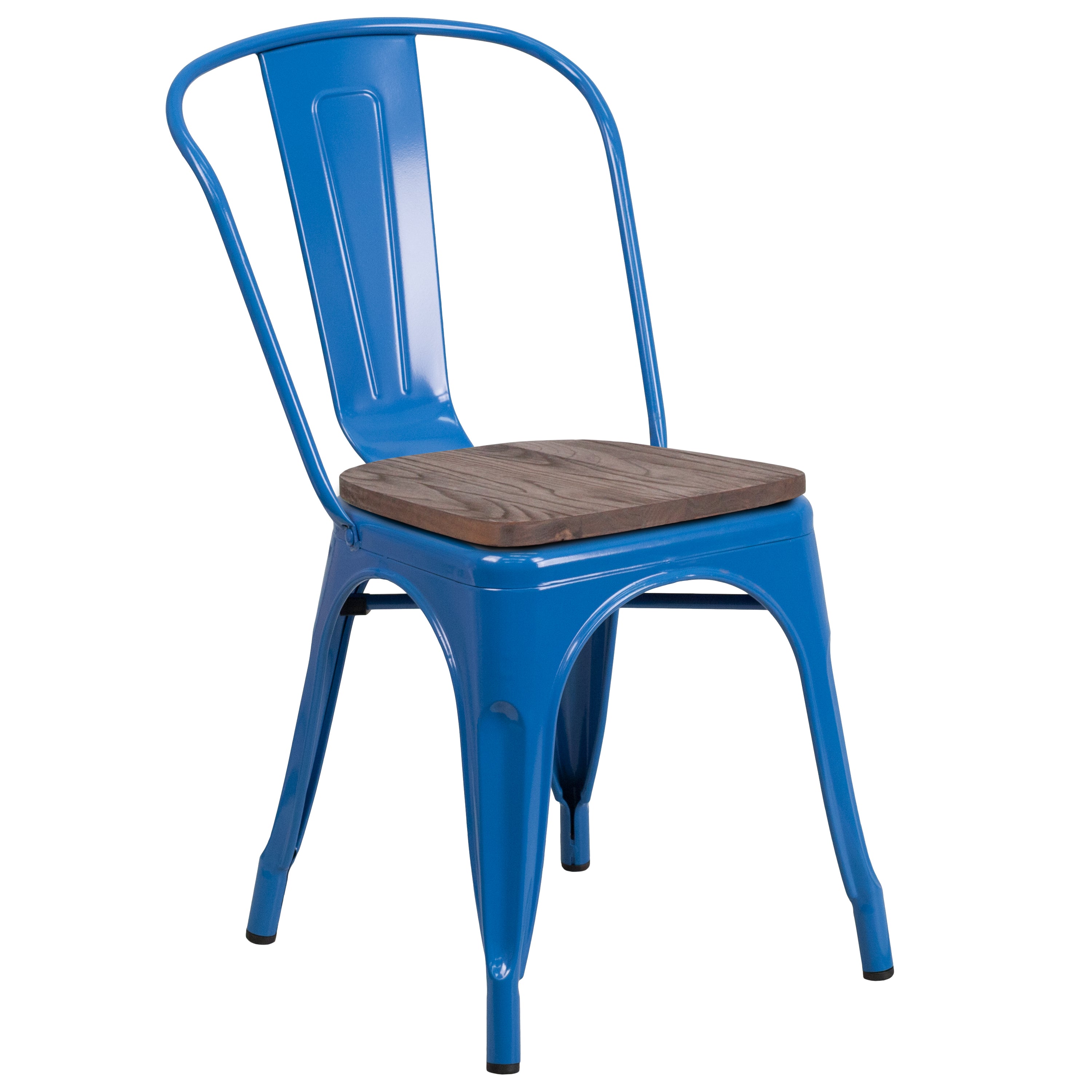 Perry Blue Metal Stackable Chair with Wood Seat