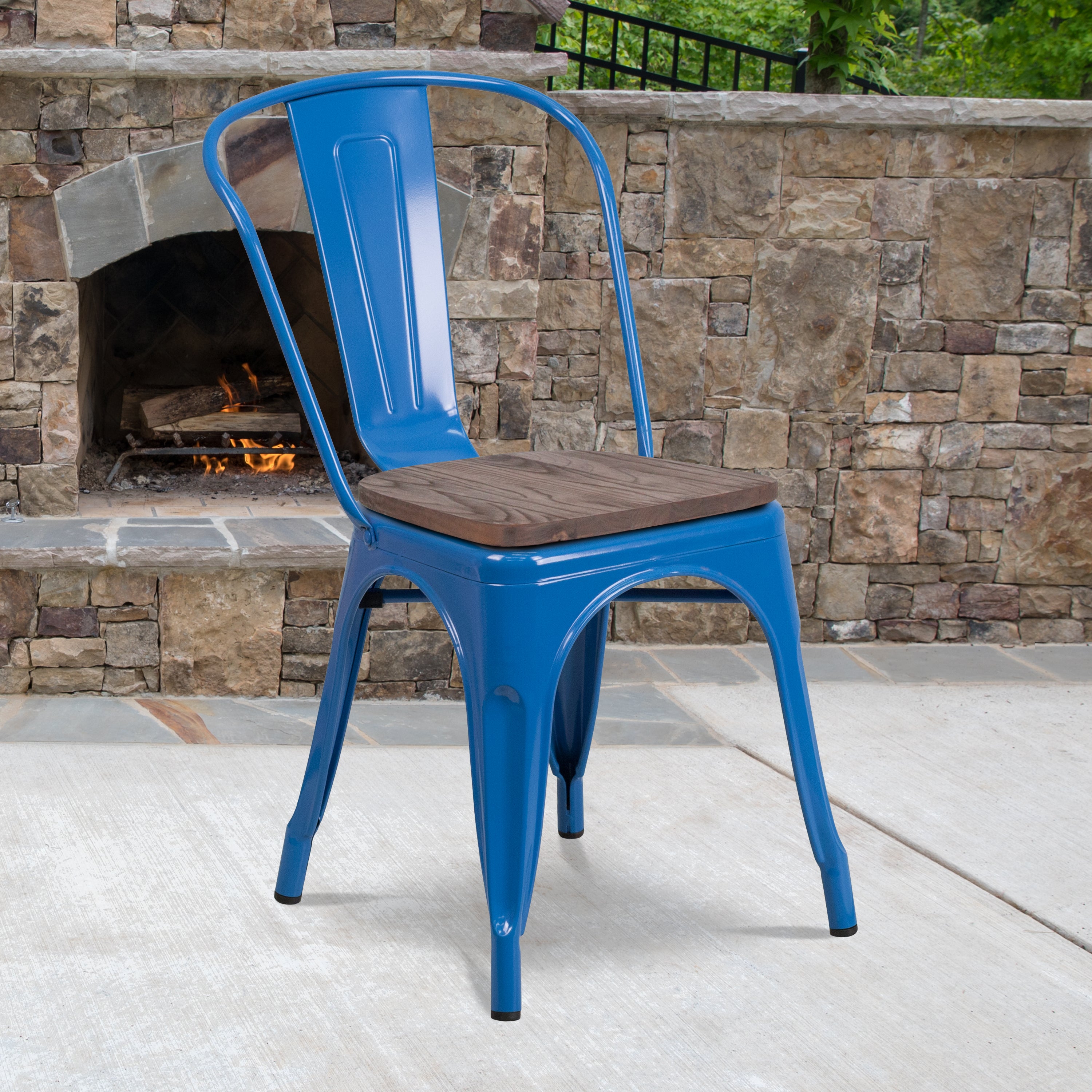 Perry Blue Metal Stackable Chair with Wood Seat
