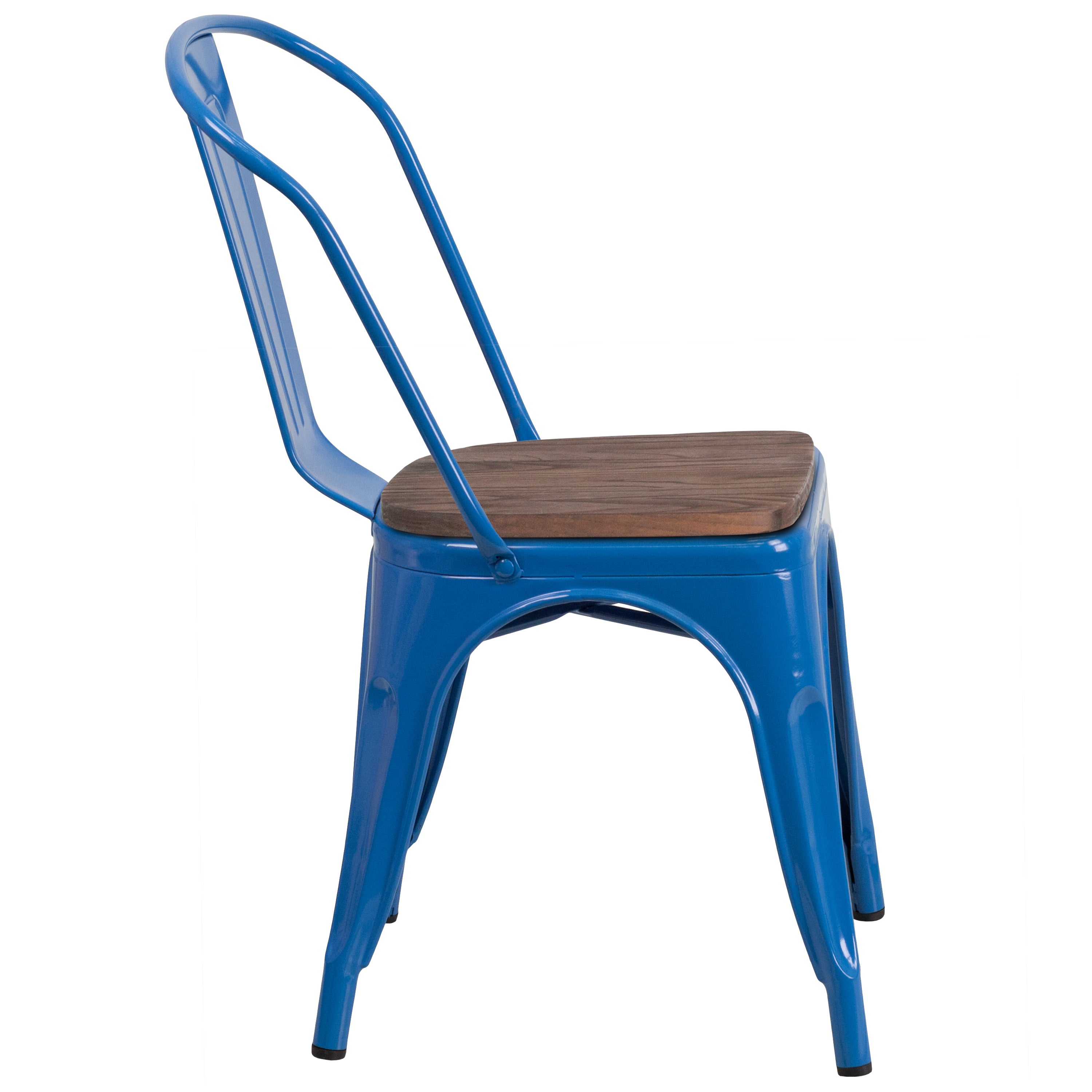 Perry Blue Metal Stackable Chair with Wood Seat