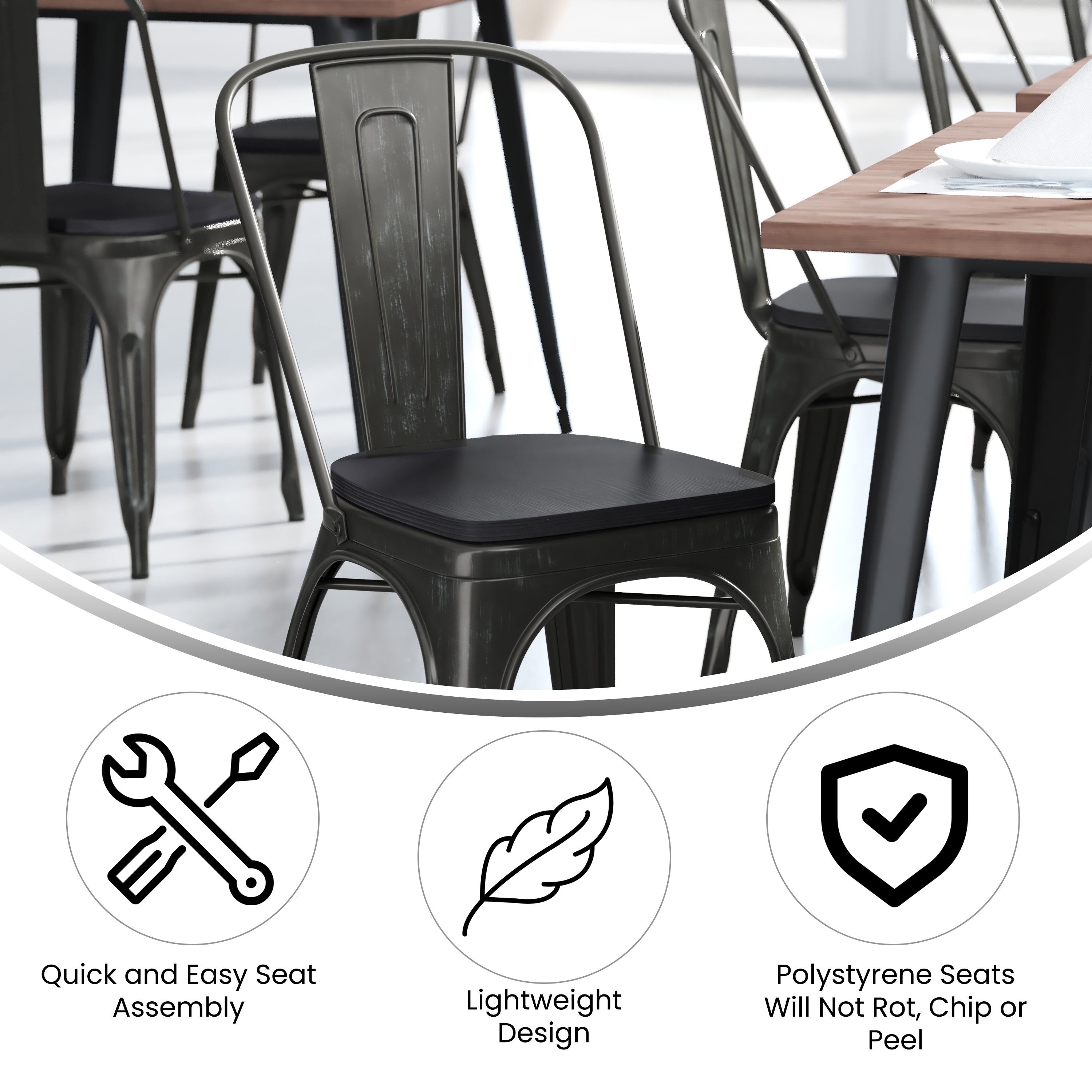 Perry Commercial Grade Black-Antique Gold Metal Indoor-Outdoor Stackable Chair with Black Poly Resin Wood Seat