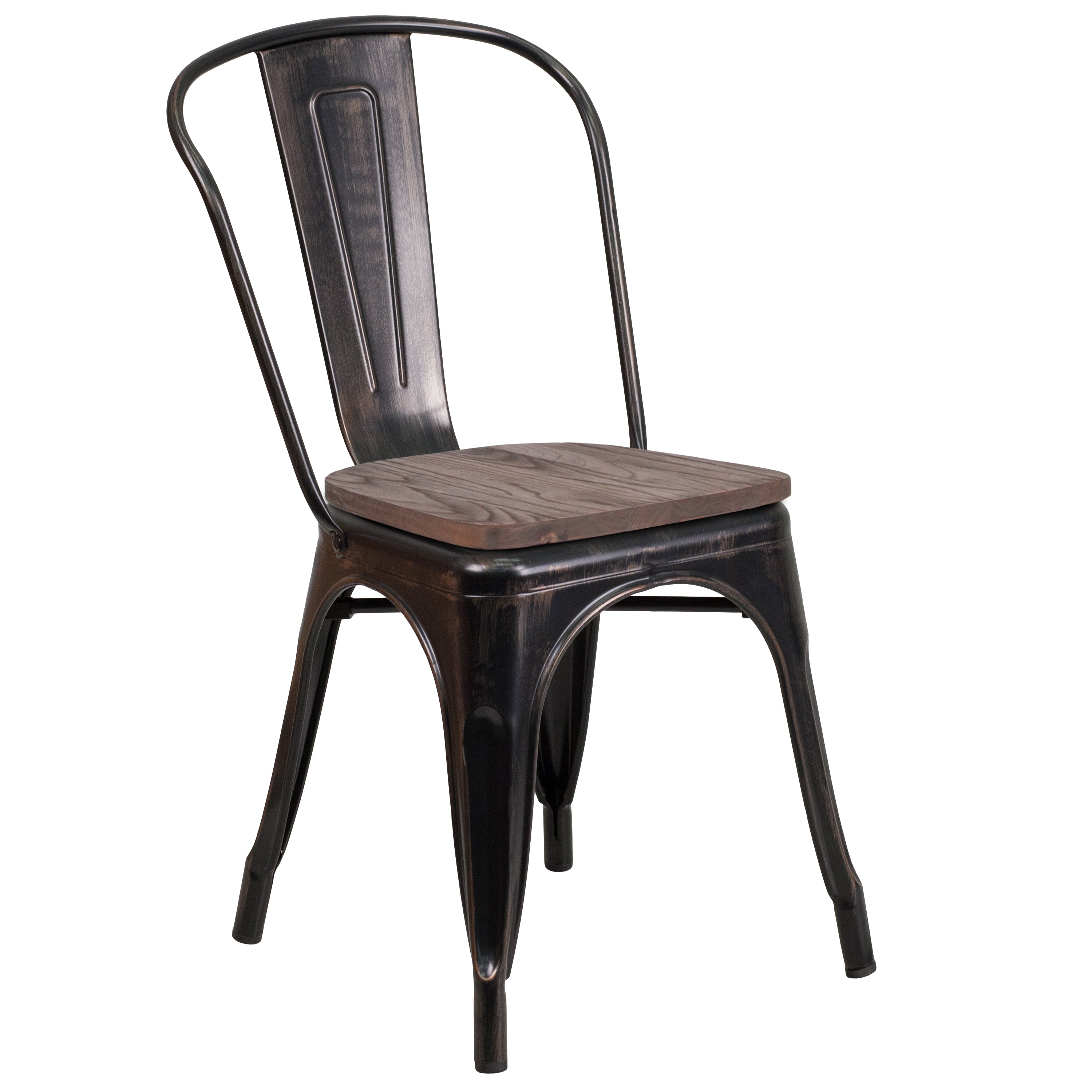 Perry Black-Antique Gold Metal Stackable Chair with Wood Seat