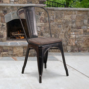 Perry Black-Antique Gold Metal Stackable Chair with Wood Seat