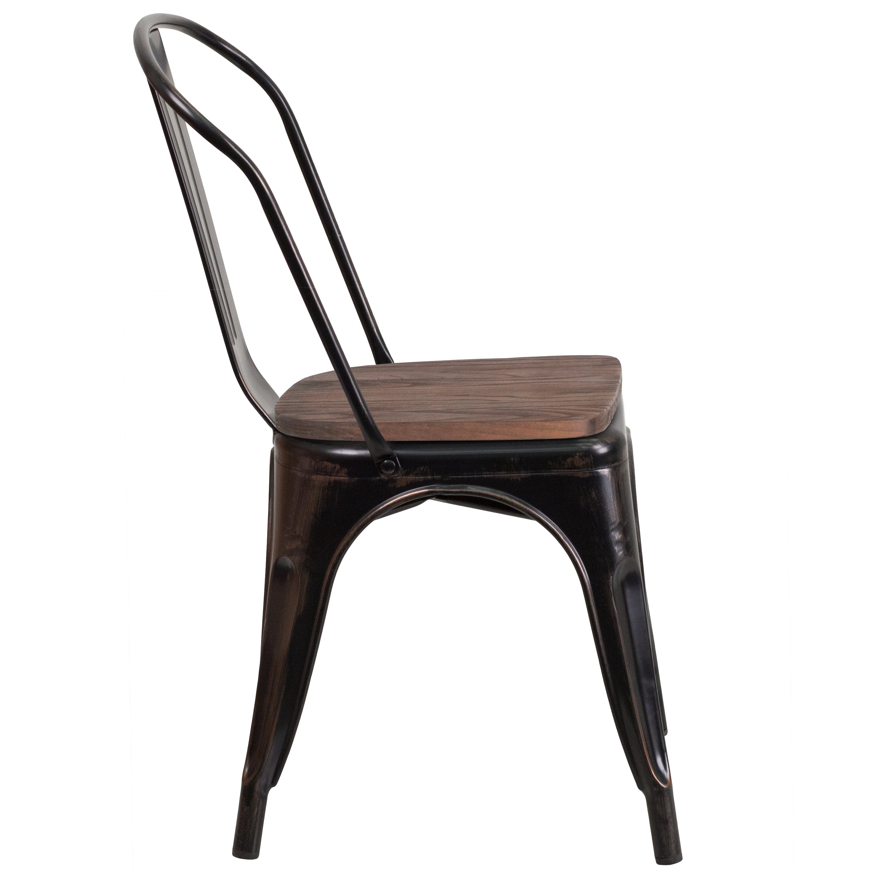 Perry Black-Antique Gold Metal Stackable Chair with Wood Seat