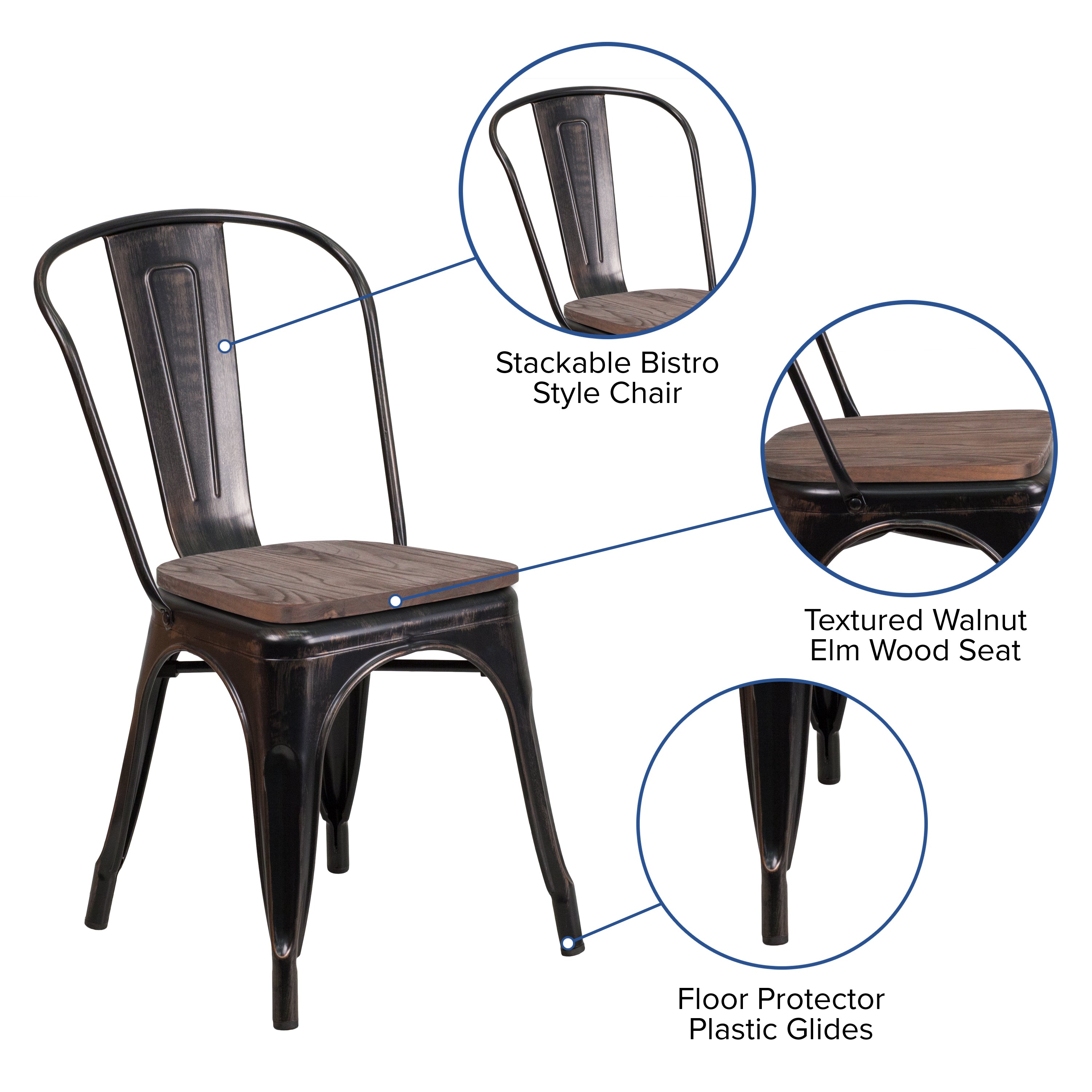 Perry Black-Antique Gold Metal Stackable Chair with Wood Seat