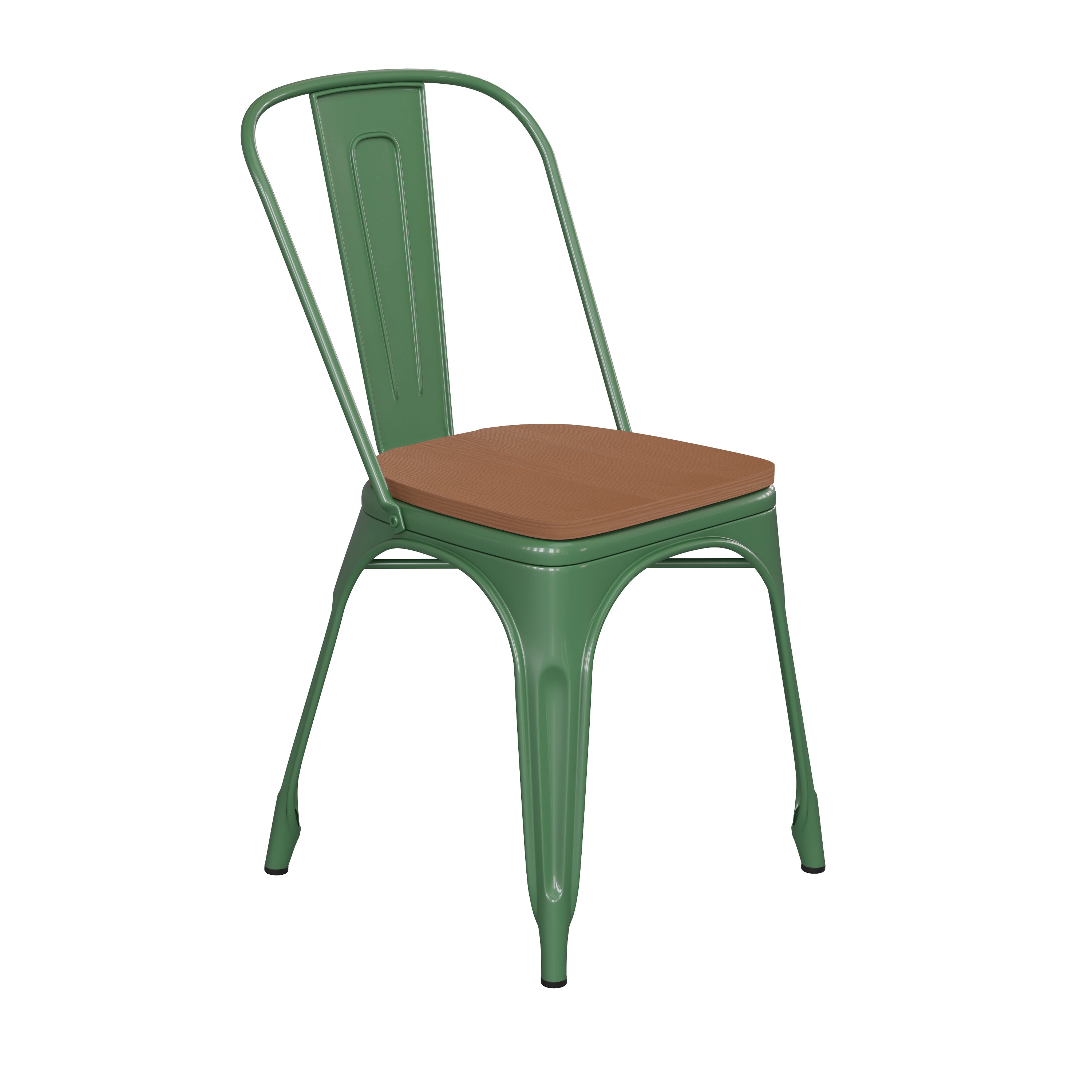 Perry Commercial Grade Green Metal Indoor-Outdoor Stackable Chair with Teak Poly Resin Wood Seat