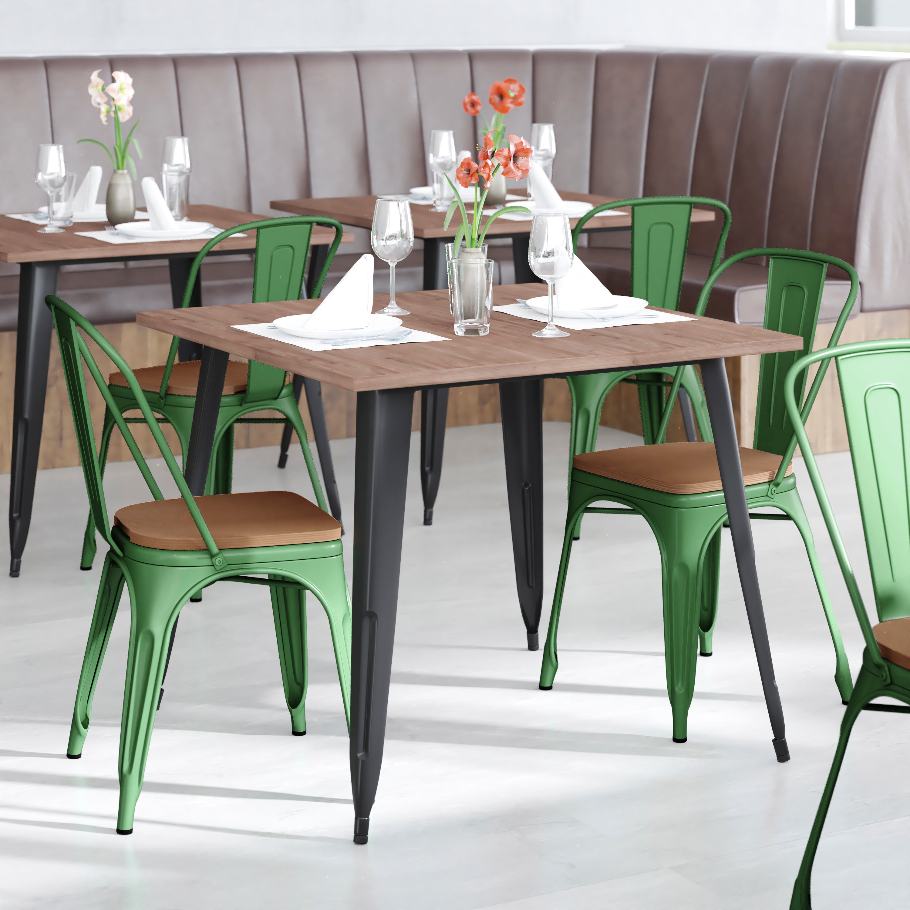 Perry Commercial Grade Green Metal Indoor-Outdoor Stackable Chair with Teak Poly Resin Wood Seat