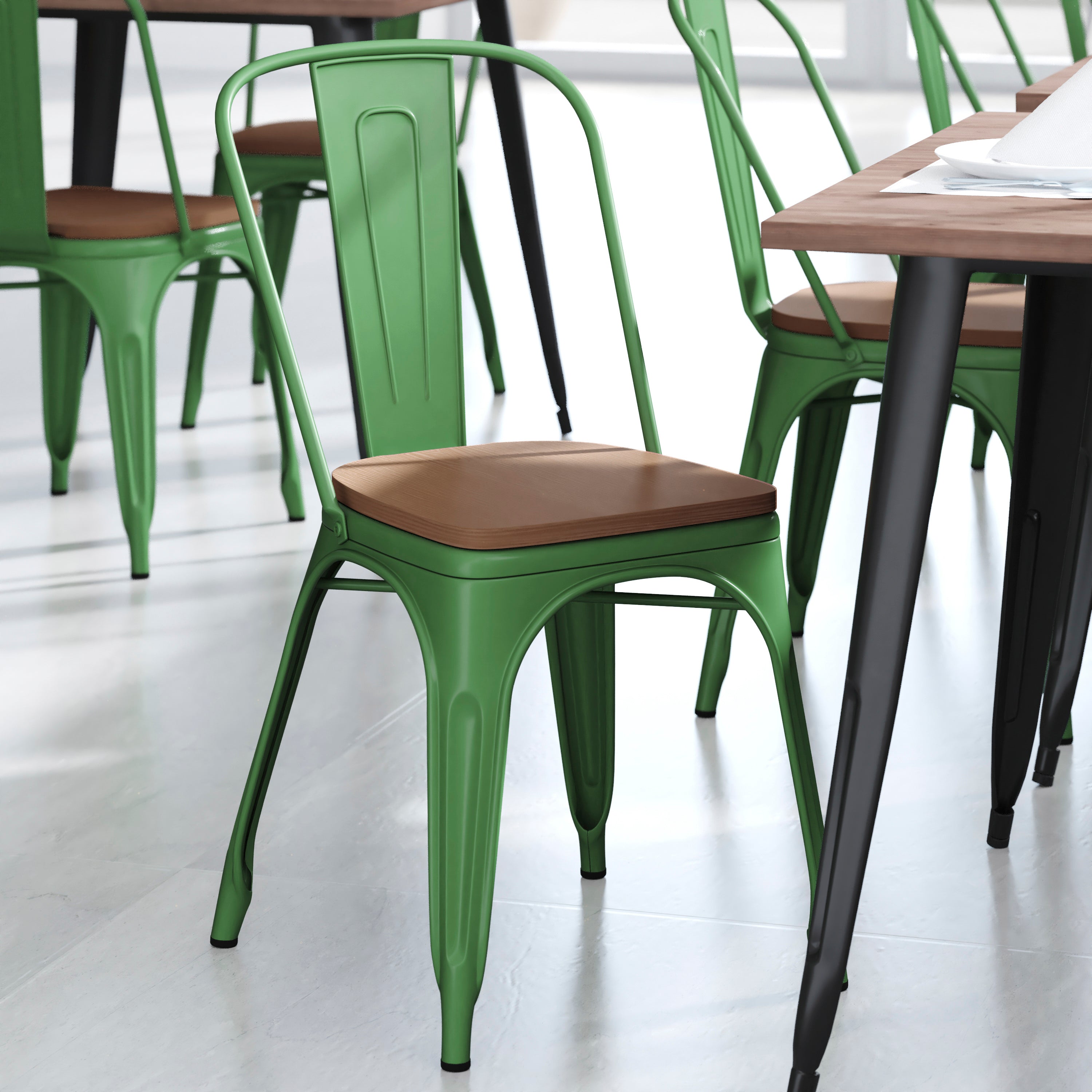 Perry Commercial Grade Green Metal Indoor-Outdoor Stackable Chair with Teak Poly Resin Wood Seat