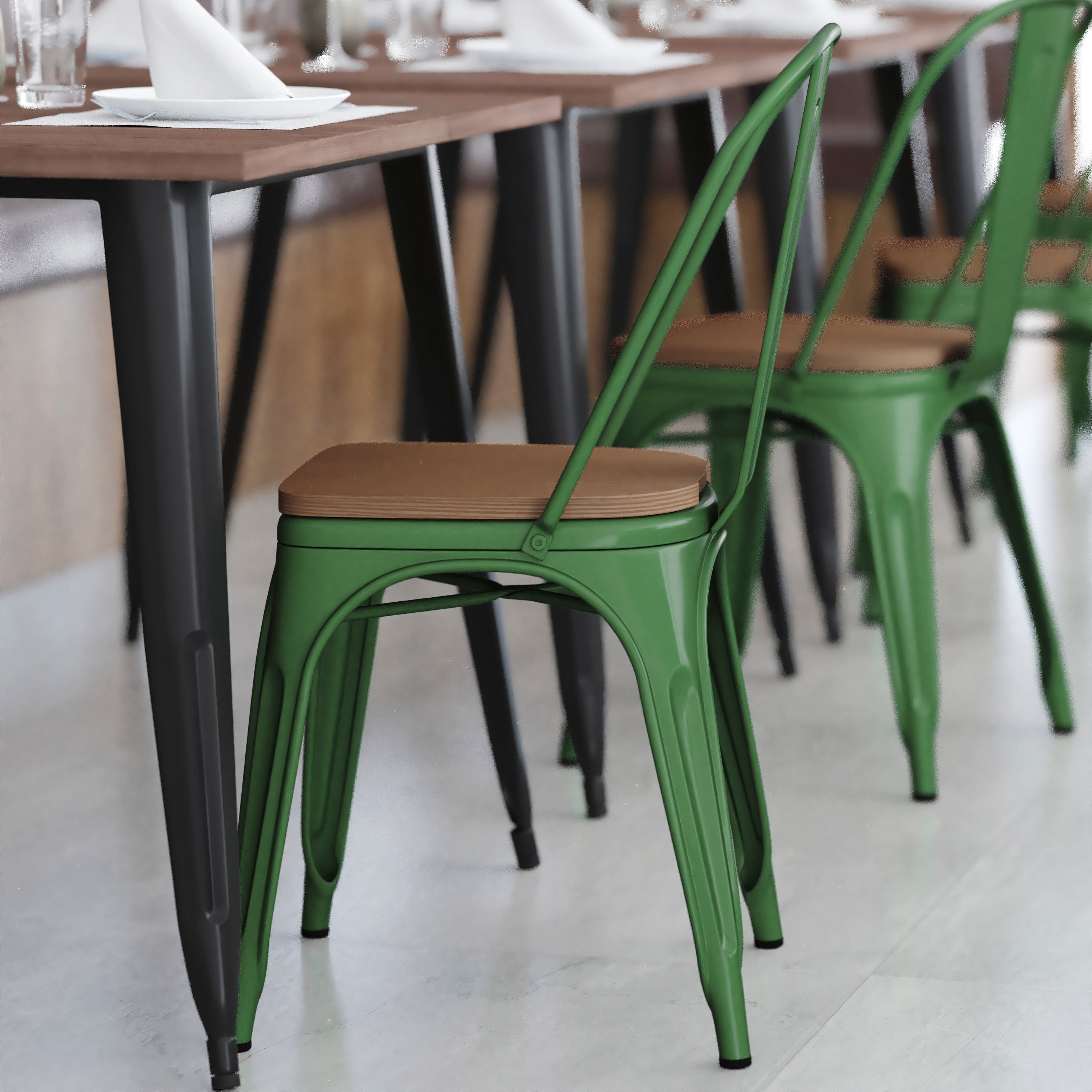 Perry Commercial Grade Green Metal Indoor-Outdoor Stackable Chair with Teak Poly Resin Wood Seat