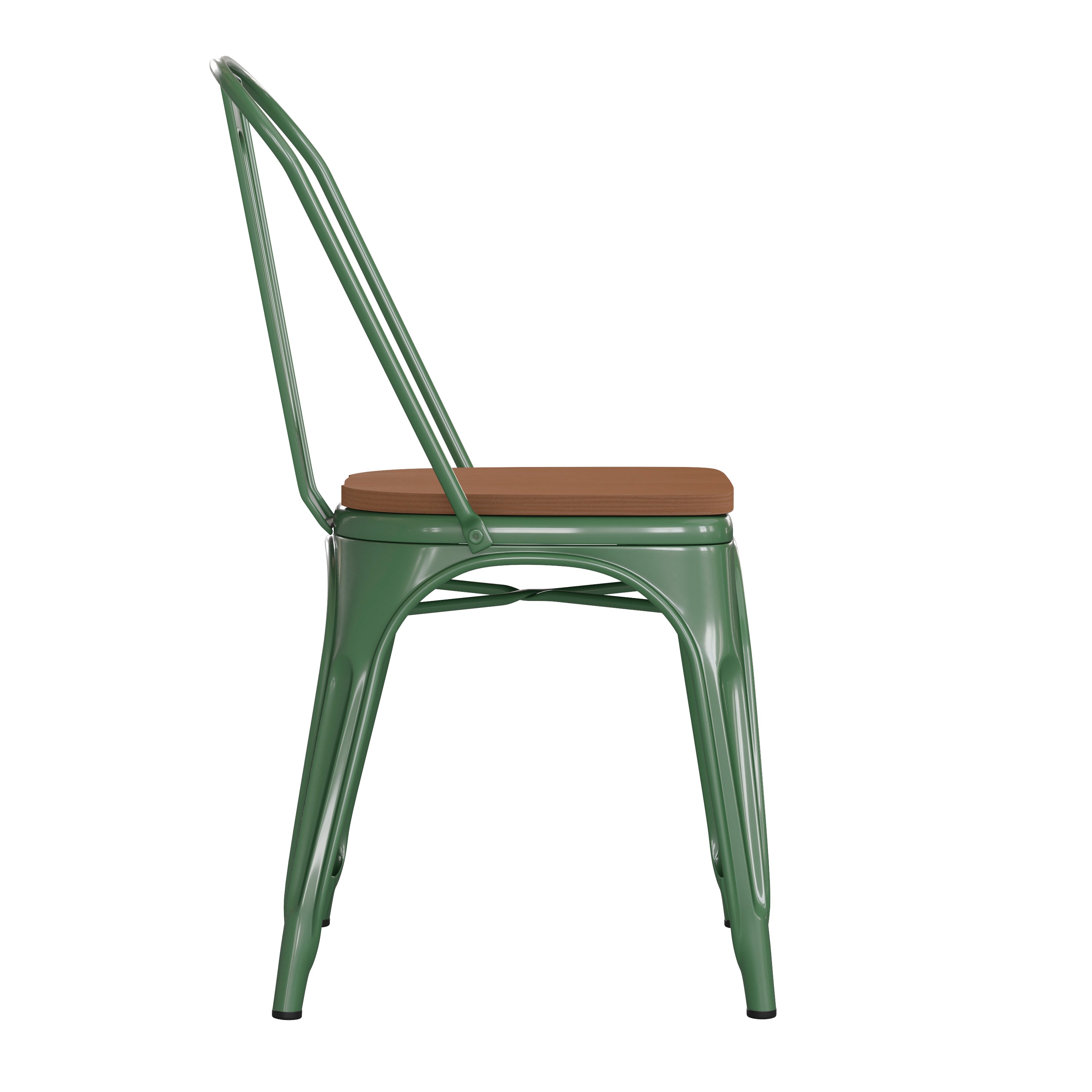 Perry Commercial Grade Green Metal Indoor-Outdoor Stackable Chair with Teak Poly Resin Wood Seat