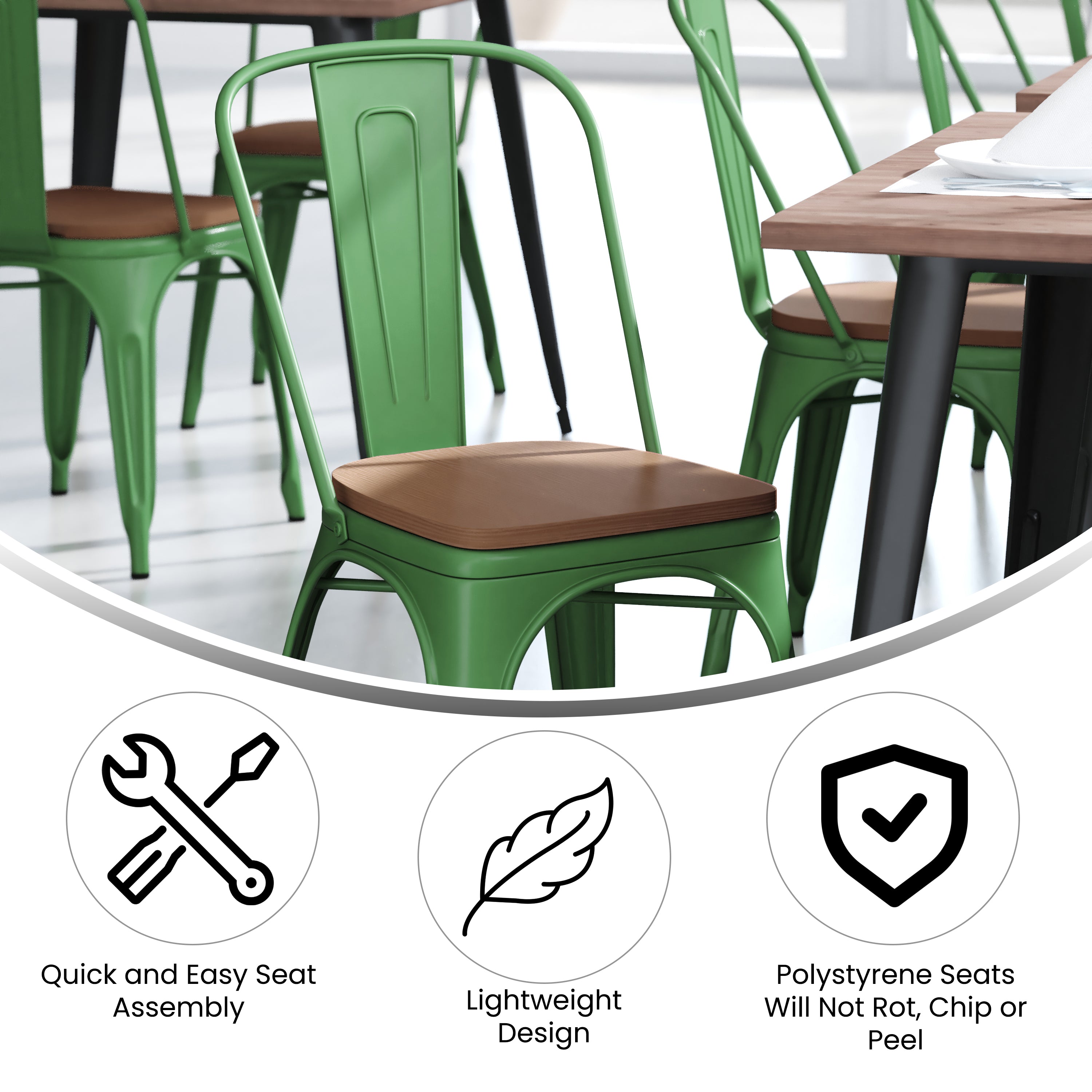 Perry Commercial Grade Green Metal Indoor-Outdoor Stackable Chair with Teak Poly Resin Wood Seat