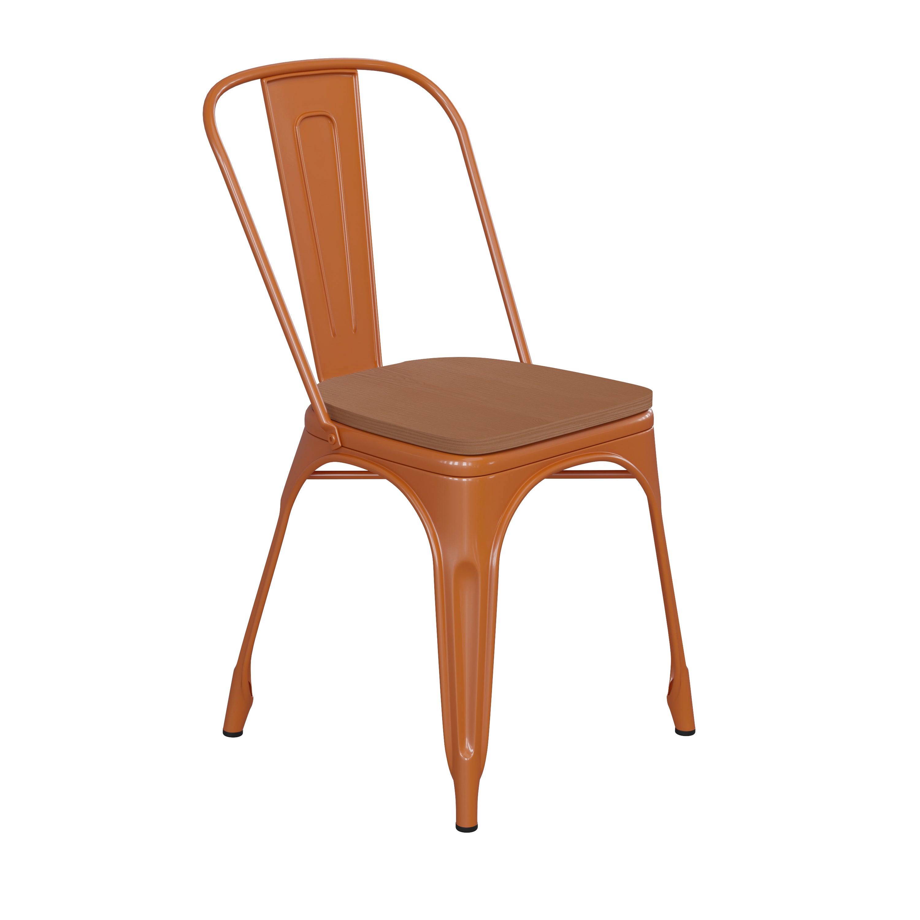 Perry Commercial Grade Orange Metal Indoor-Outdoor Stackable Chair with Teak Poly Resin Wood Seat