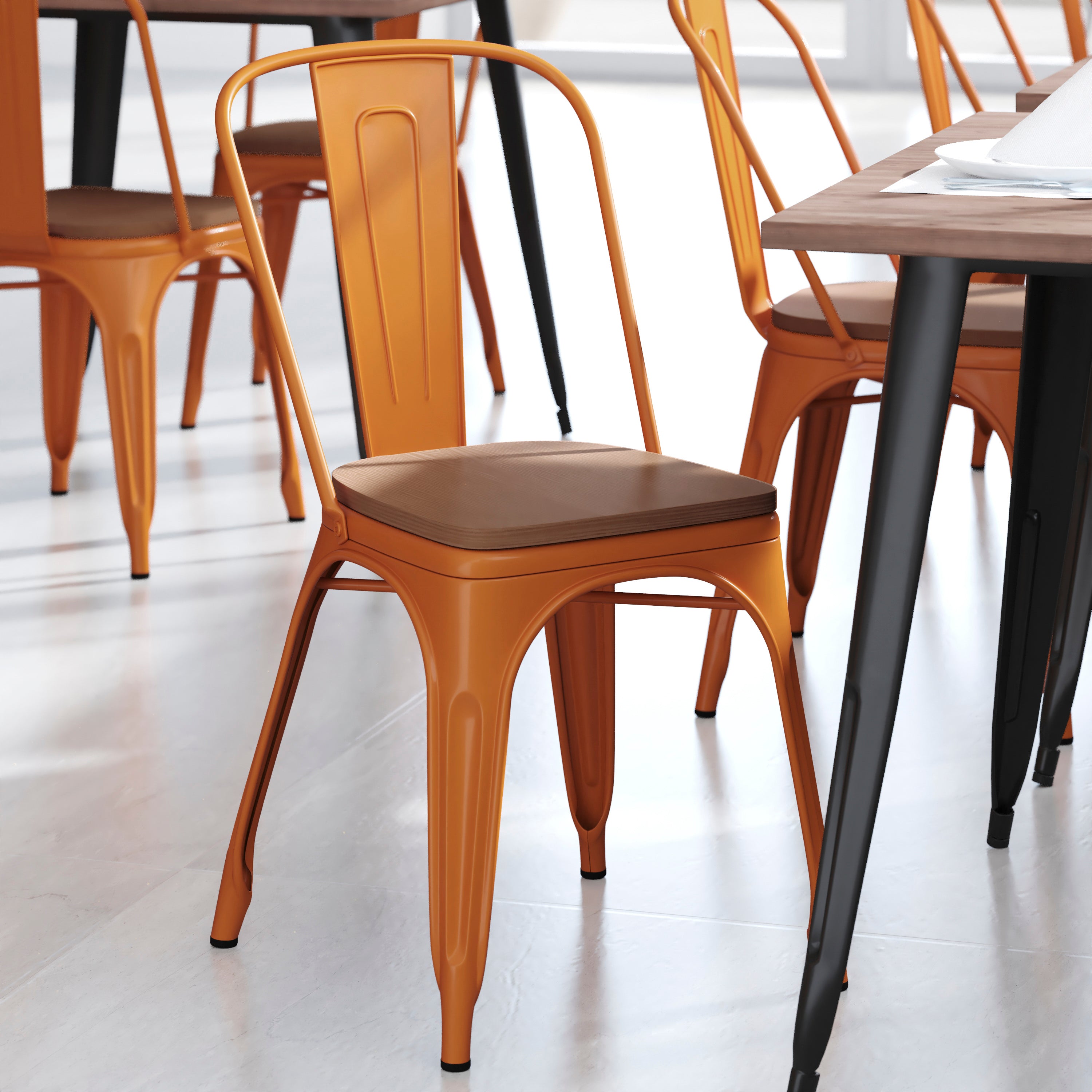 Perry Commercial Grade Orange Metal Indoor-Outdoor Stackable Chair with Teak Poly Resin Wood Seat