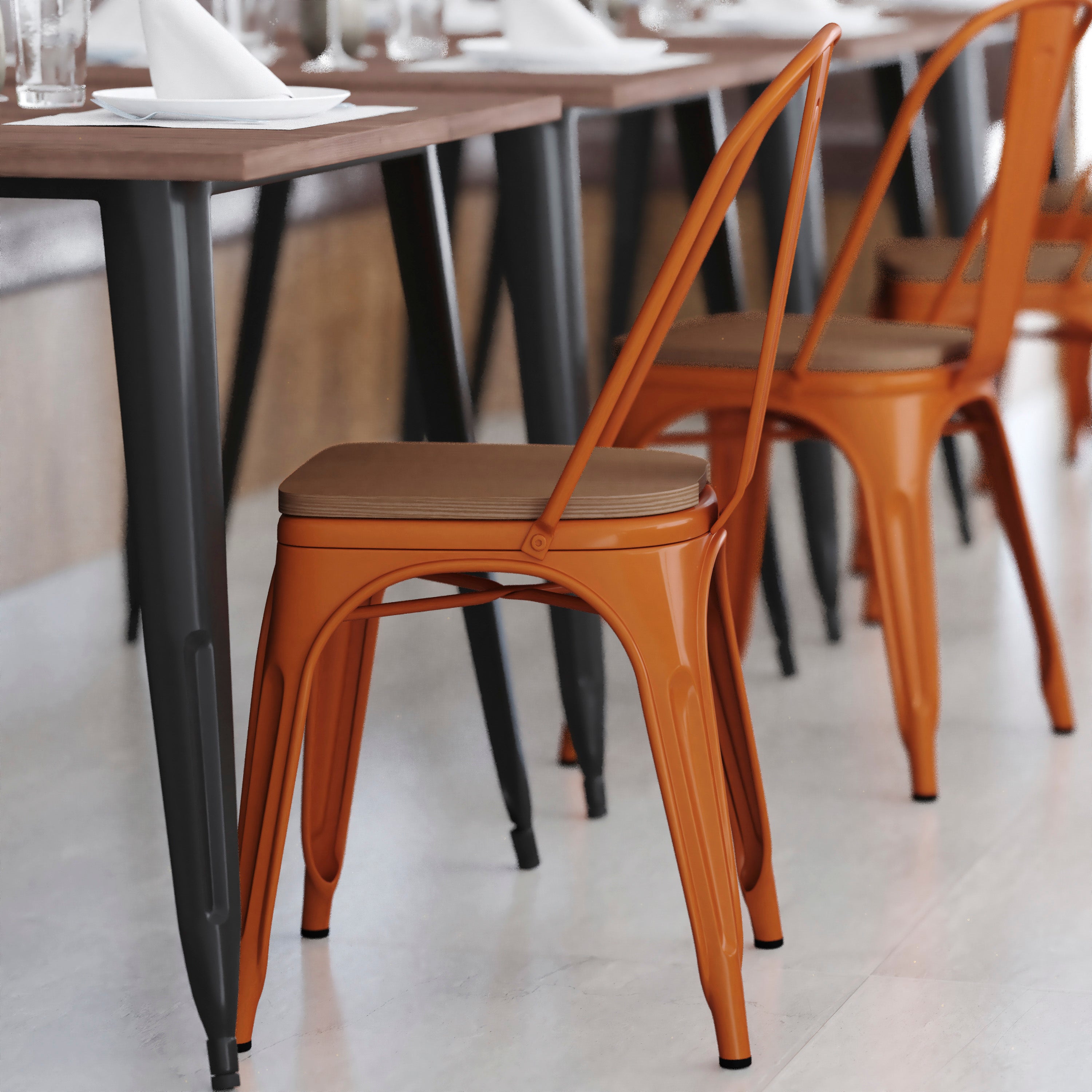 Perry Commercial Grade Orange Metal Indoor-Outdoor Stackable Chair with Teak Poly Resin Wood Seat
