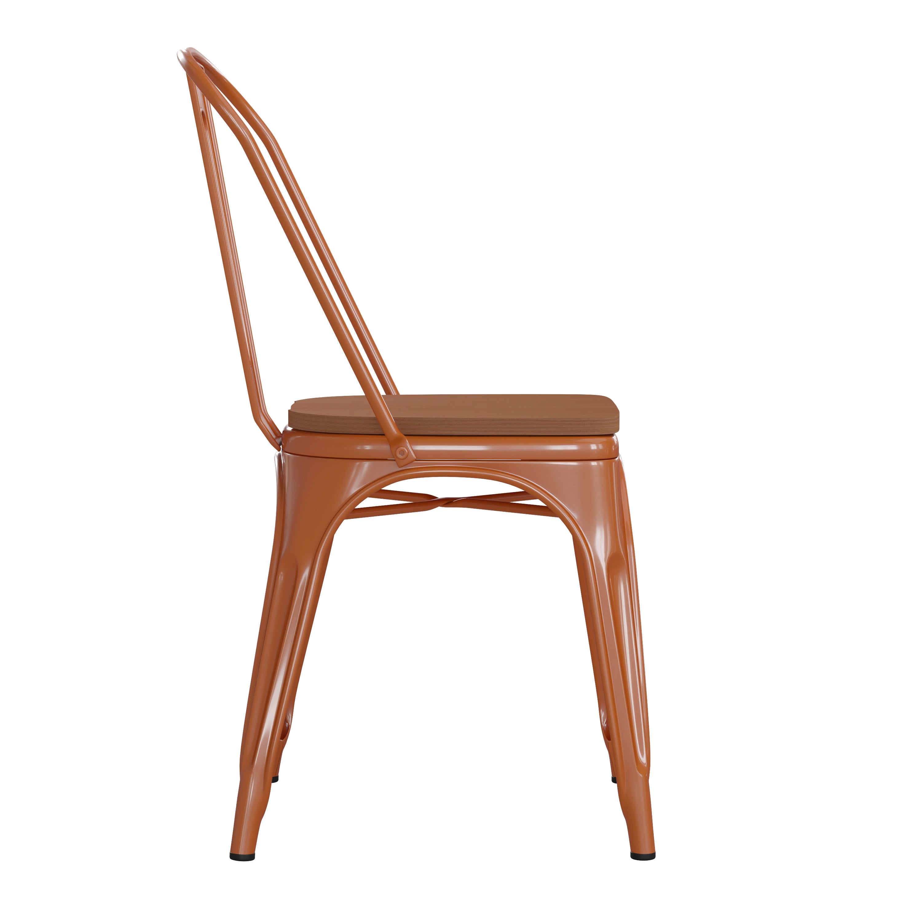 Perry Commercial Grade Orange Metal Indoor-Outdoor Stackable Chair with Teak Poly Resin Wood Seat