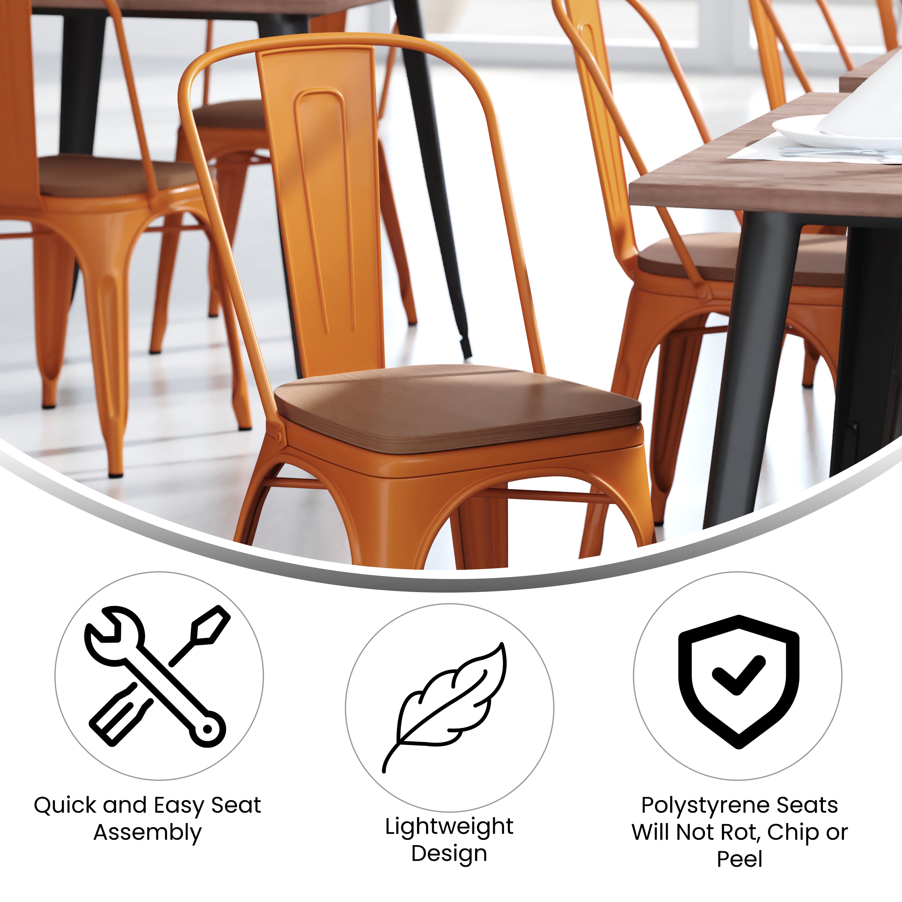 Perry Commercial Grade Orange Metal Indoor-Outdoor Stackable Chair with Teak Poly Resin Wood Seat