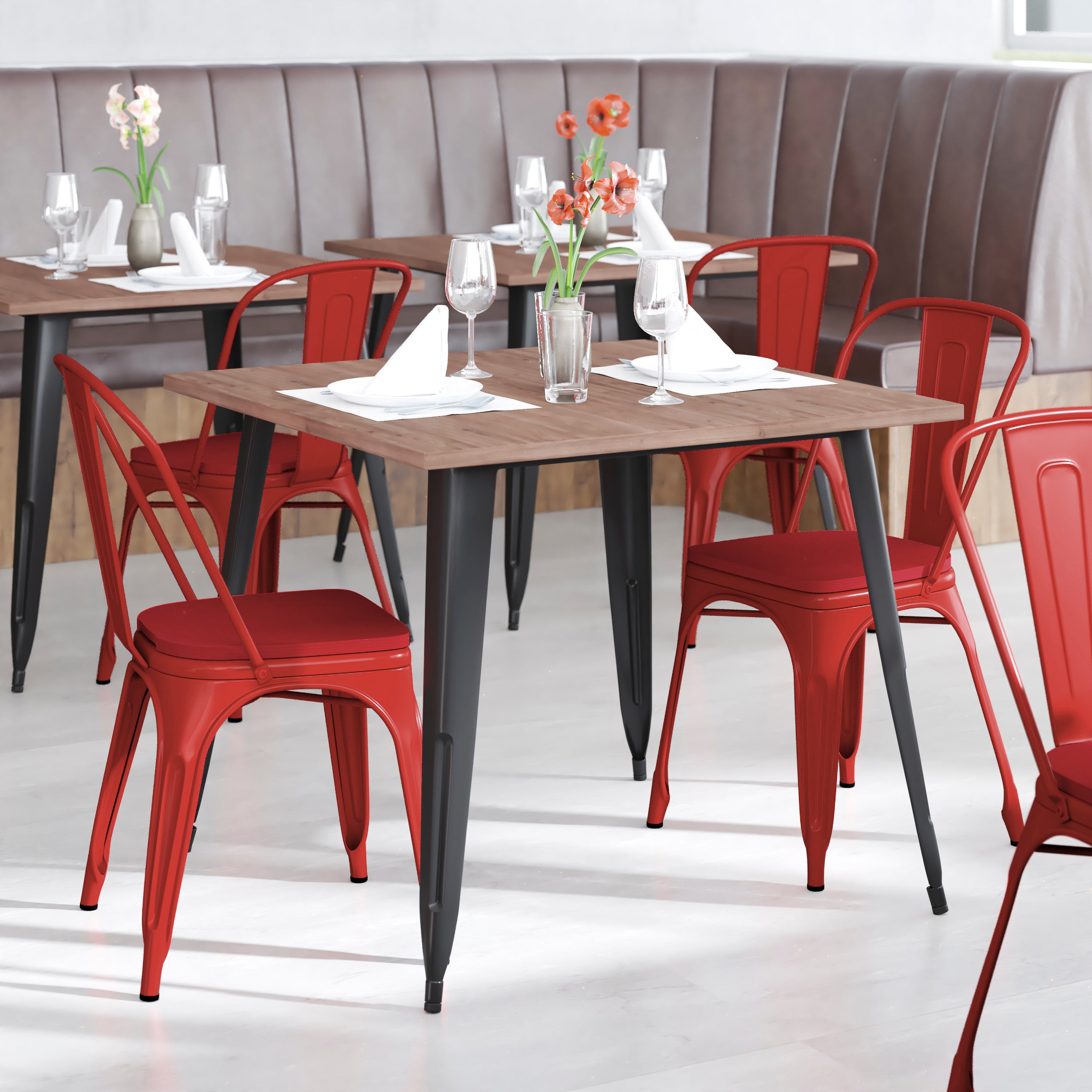 Perry Commercial Grade Red Metal Indoor-Outdoor Stackable Chair with Red Poly Resin Wood Seat