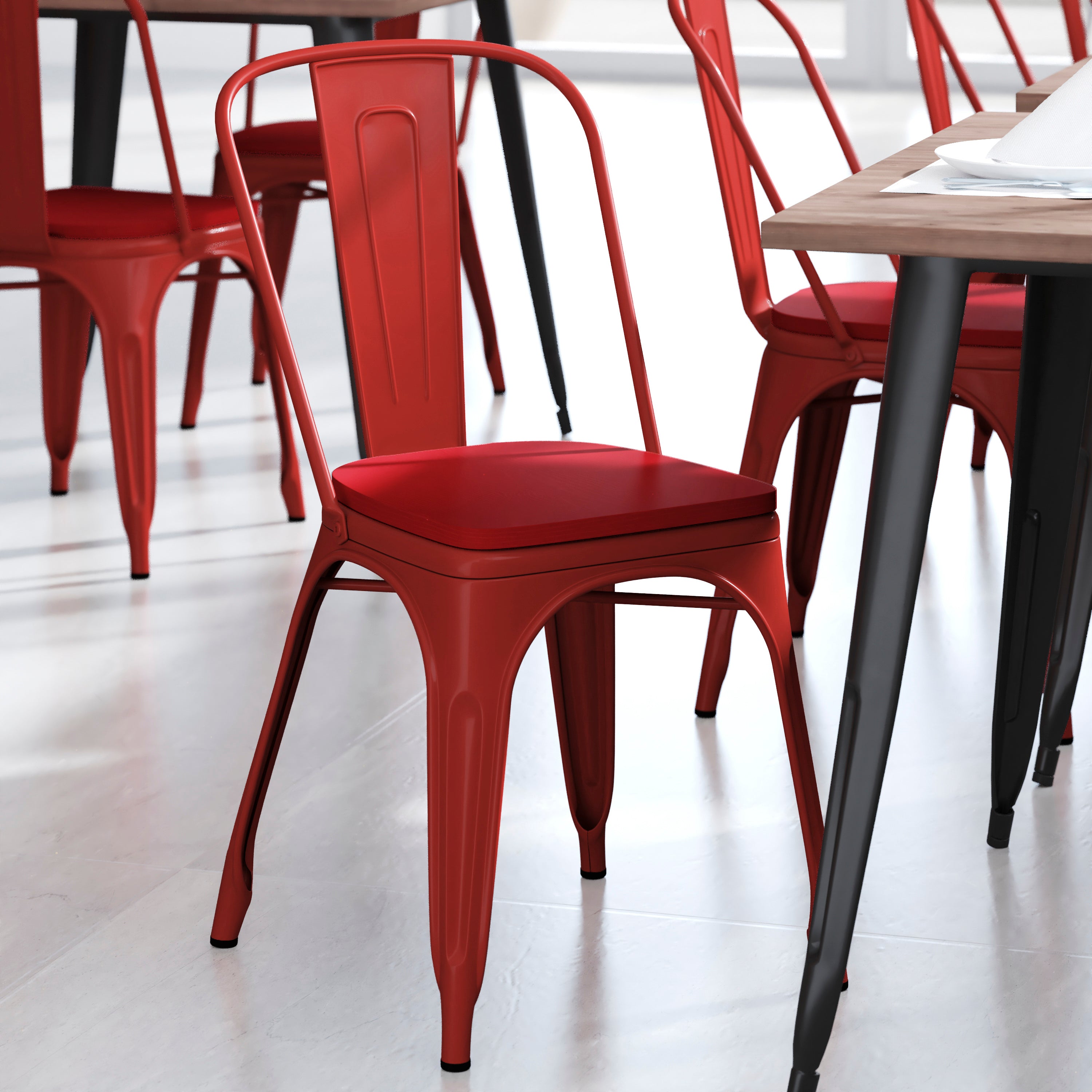 Perry Commercial Grade Red Metal Indoor-Outdoor Stackable Chair with Red Poly Resin Wood Seat