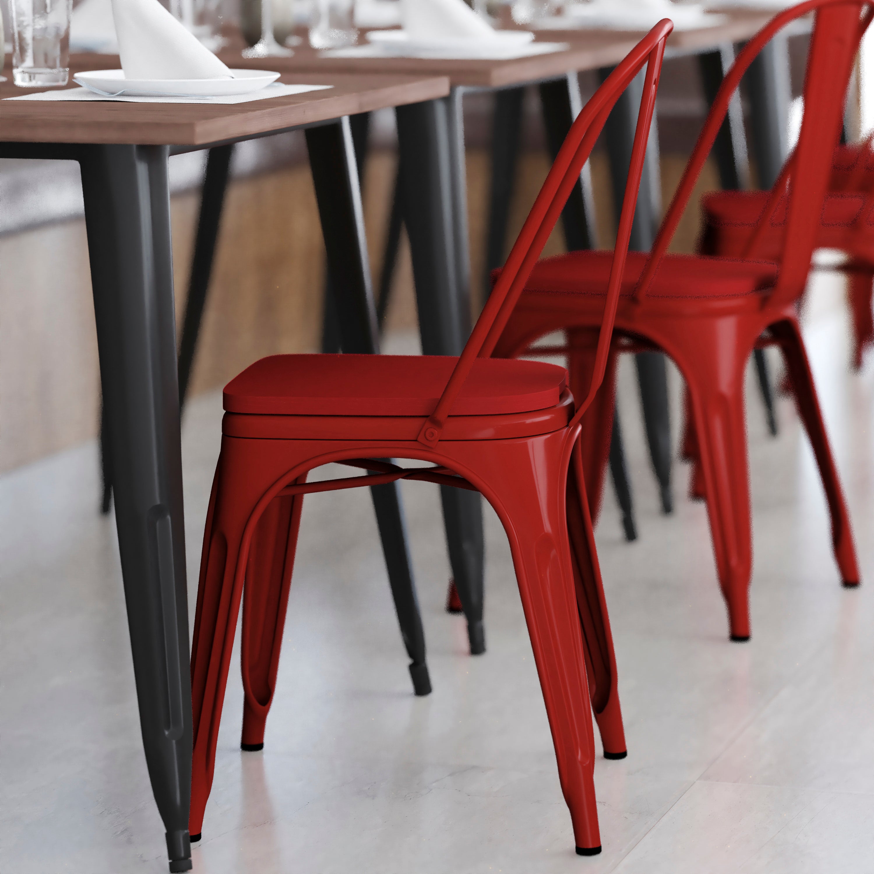 Perry Commercial Grade Red Metal Indoor-Outdoor Stackable Chair with Red Poly Resin Wood Seat
