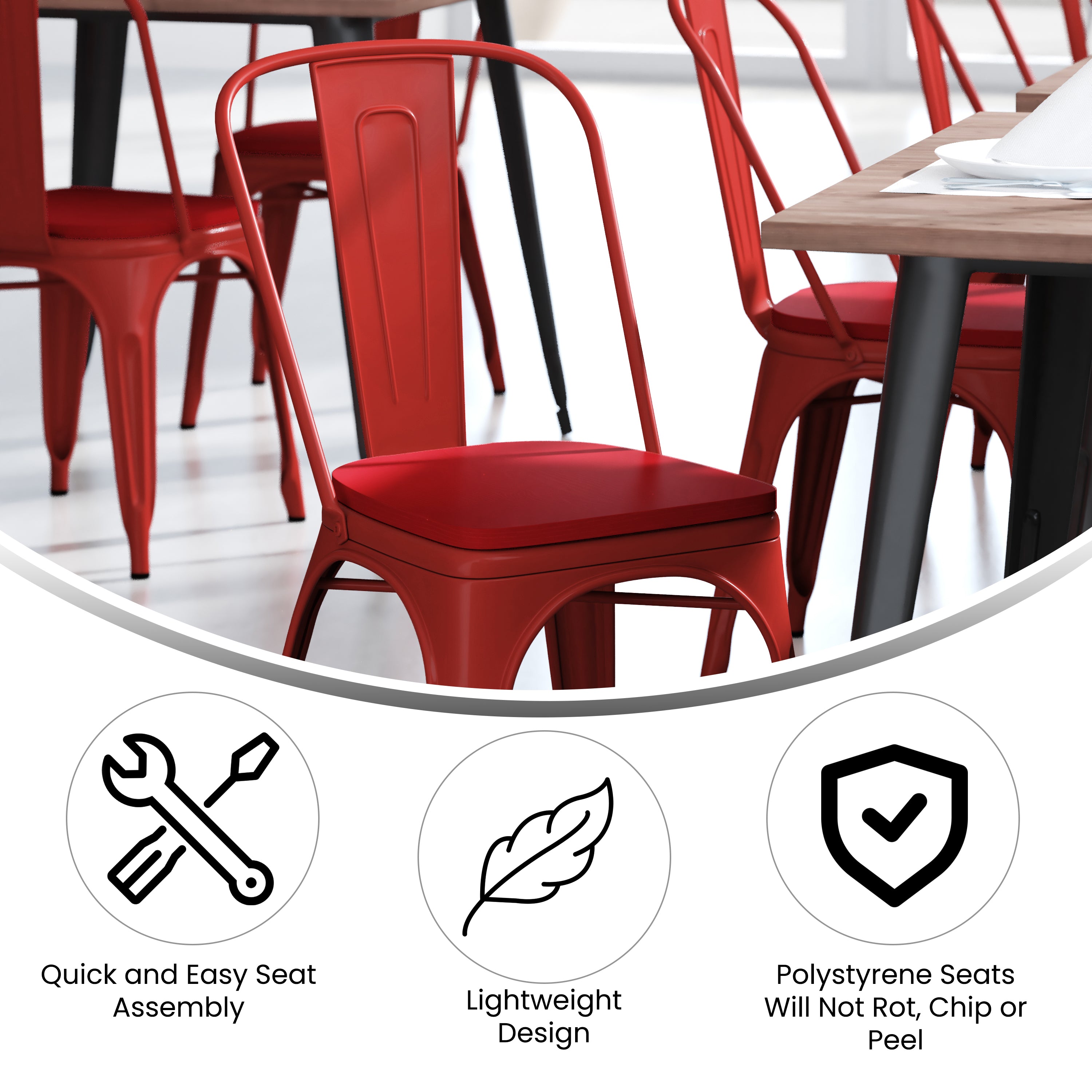 Perry Commercial Grade Red Metal Indoor-Outdoor Stackable Chair with Red Poly Resin Wood Seat