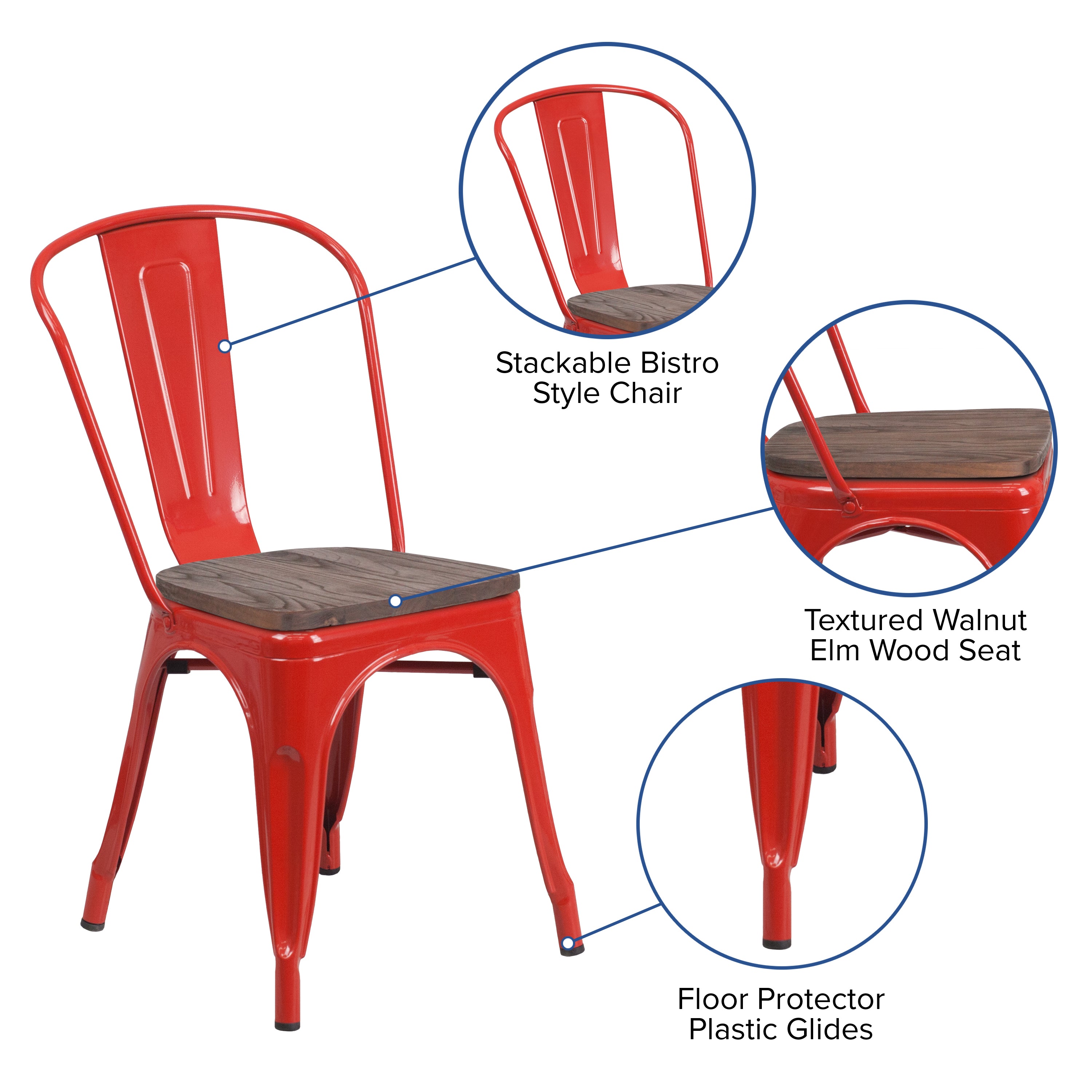 Perry Red Metal Stackable Chair with Wood Seat