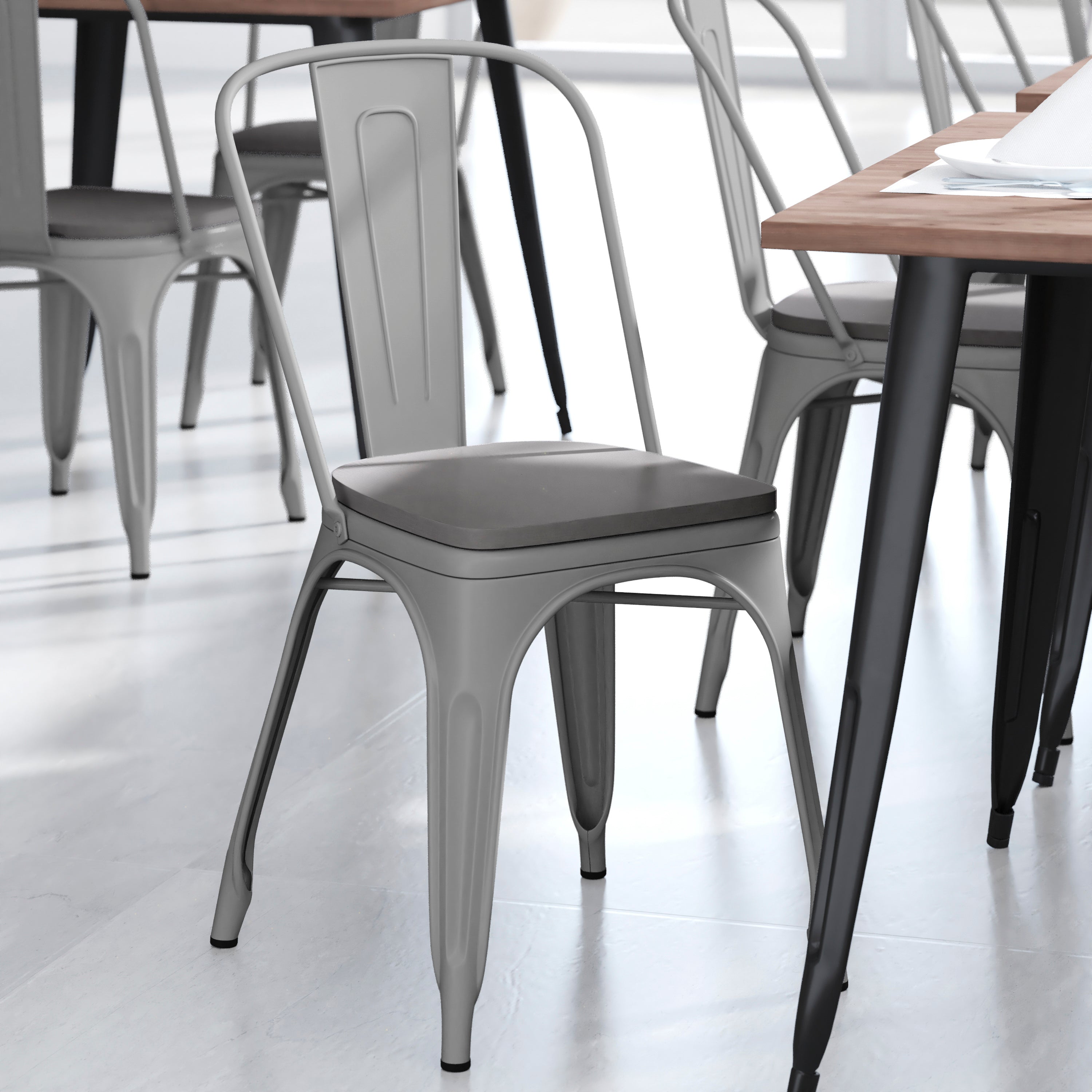 Perry Commercial Grade Silver Metal Indoor-Outdoor Stackable Chair with Gray Poly Resin Wood Seat