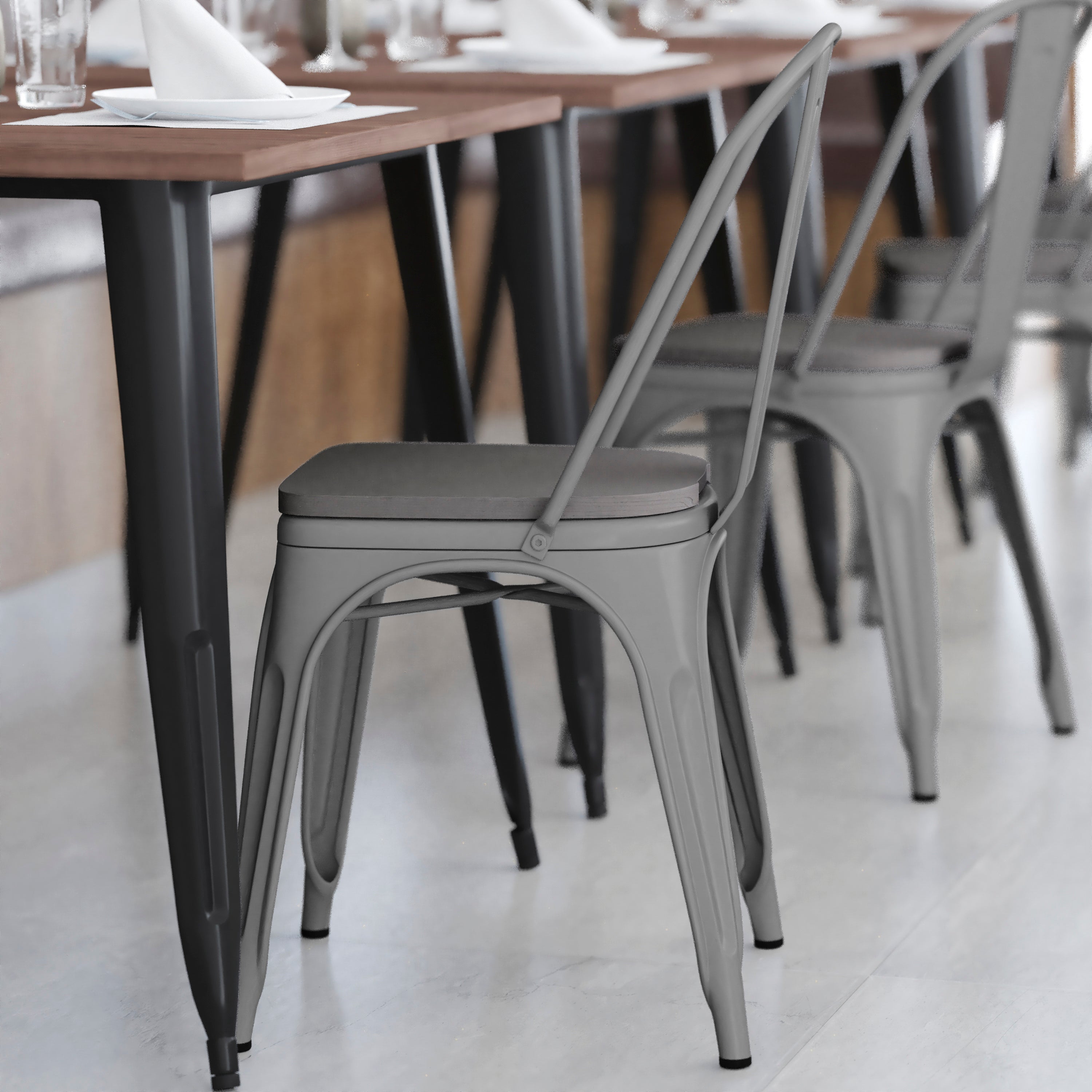 Perry Commercial Grade Silver Metal Indoor-Outdoor Stackable Chair with Gray Poly Resin Wood Seat