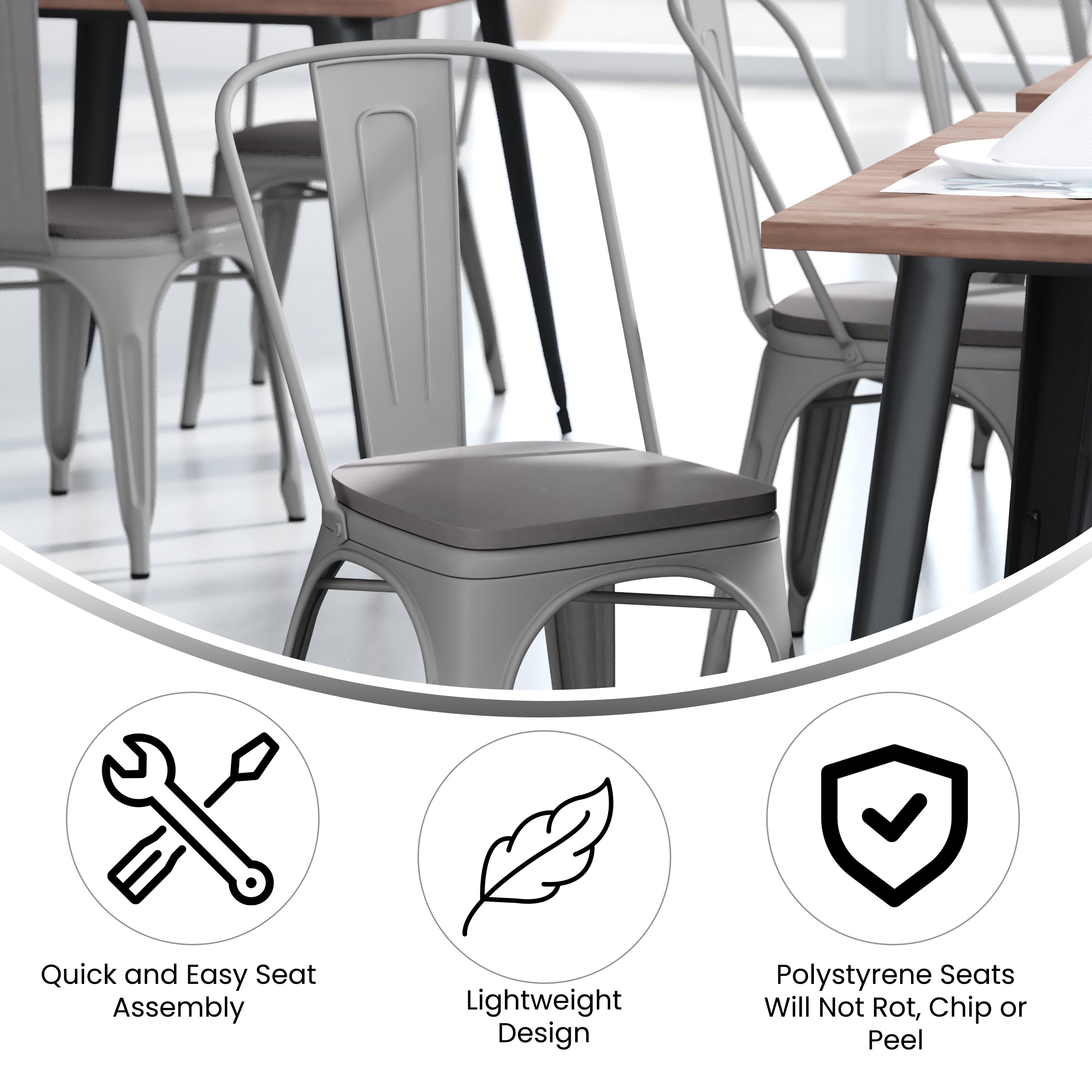 Perry Commercial Grade Silver Metal Indoor-Outdoor Stackable Chair with Gray Poly Resin Wood Seat