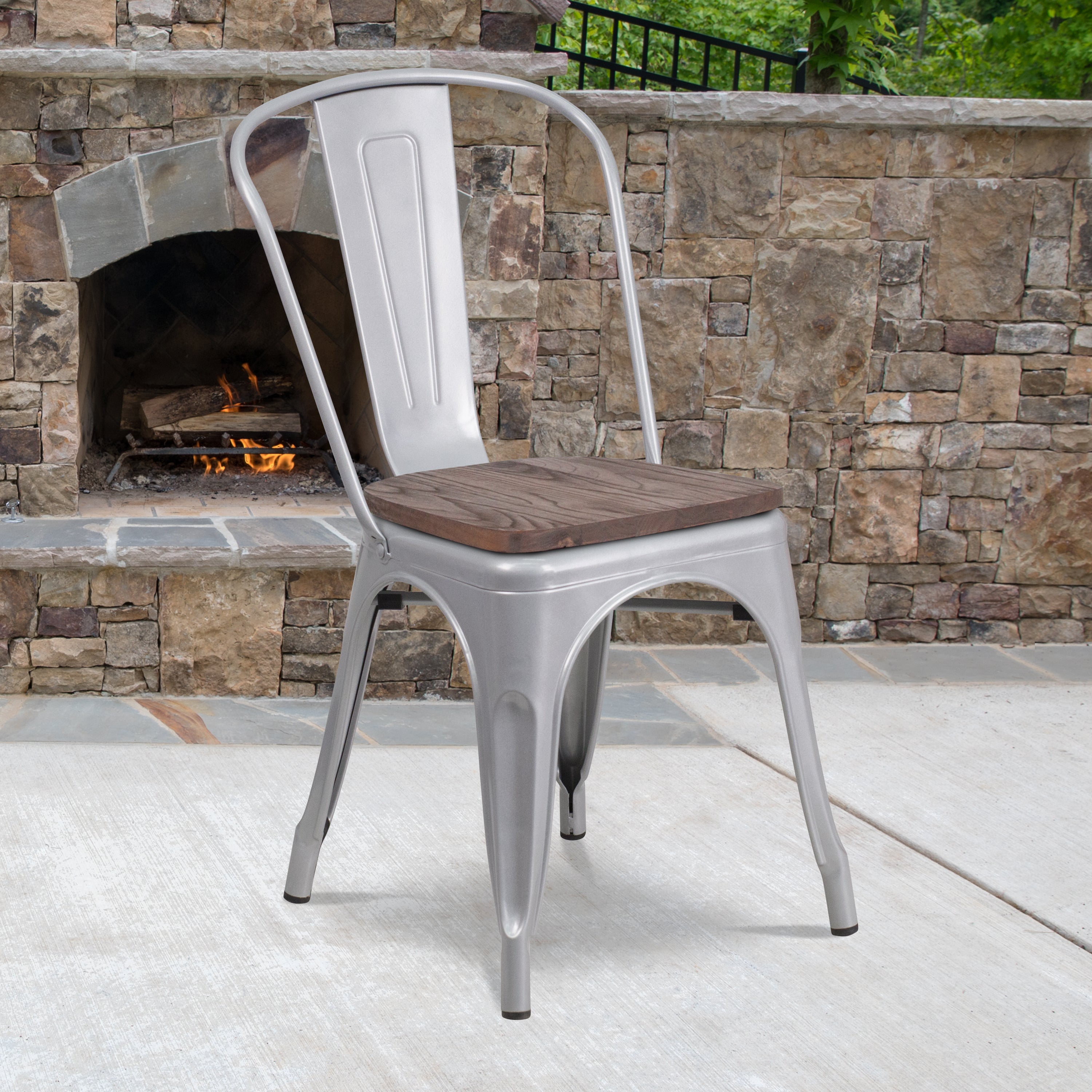 Perry Silver Metal Stackable Chair with Wood Seat