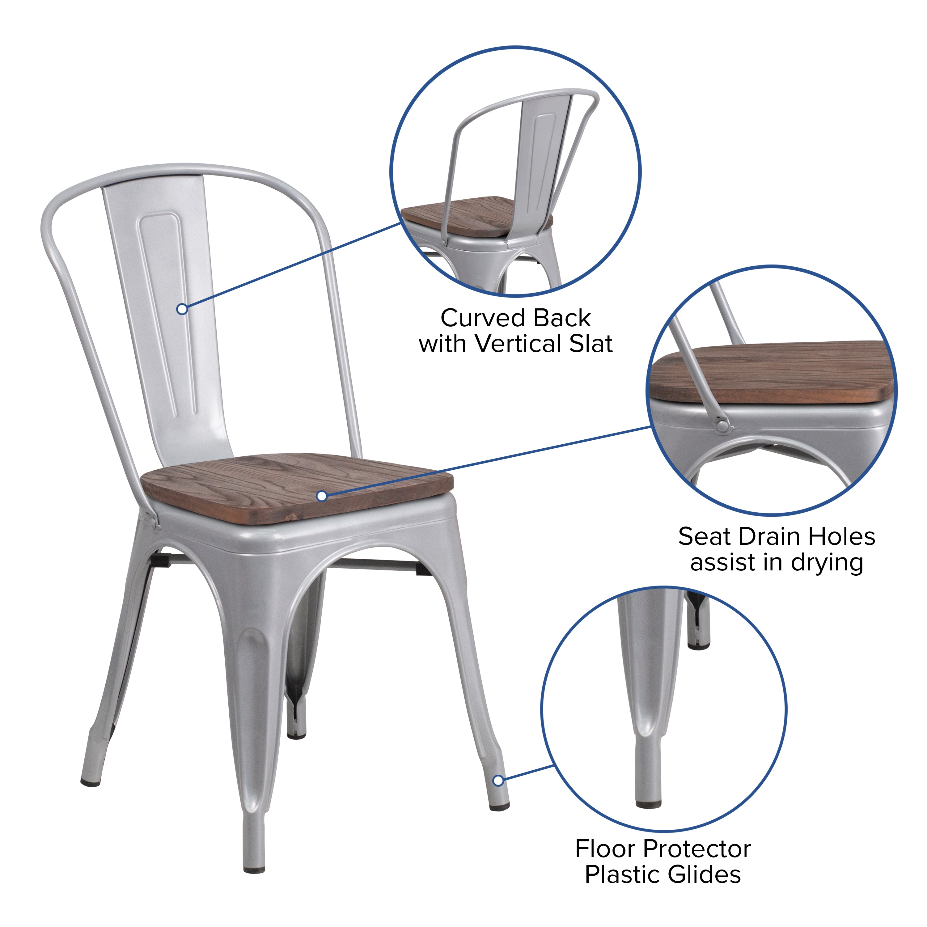 Perry Silver Metal Stackable Chair with Wood Seat