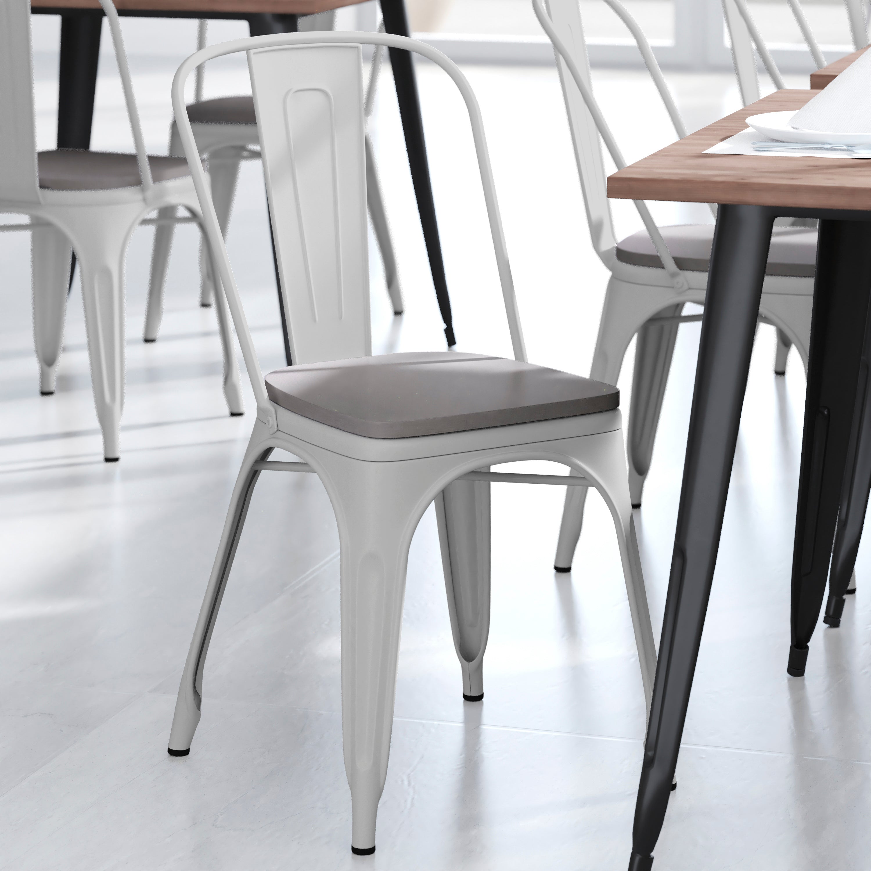 Perry Commercial Grade White Metal Indoor-Outdoor Stackable Chair with Gray Poly Resin Wood Seat
