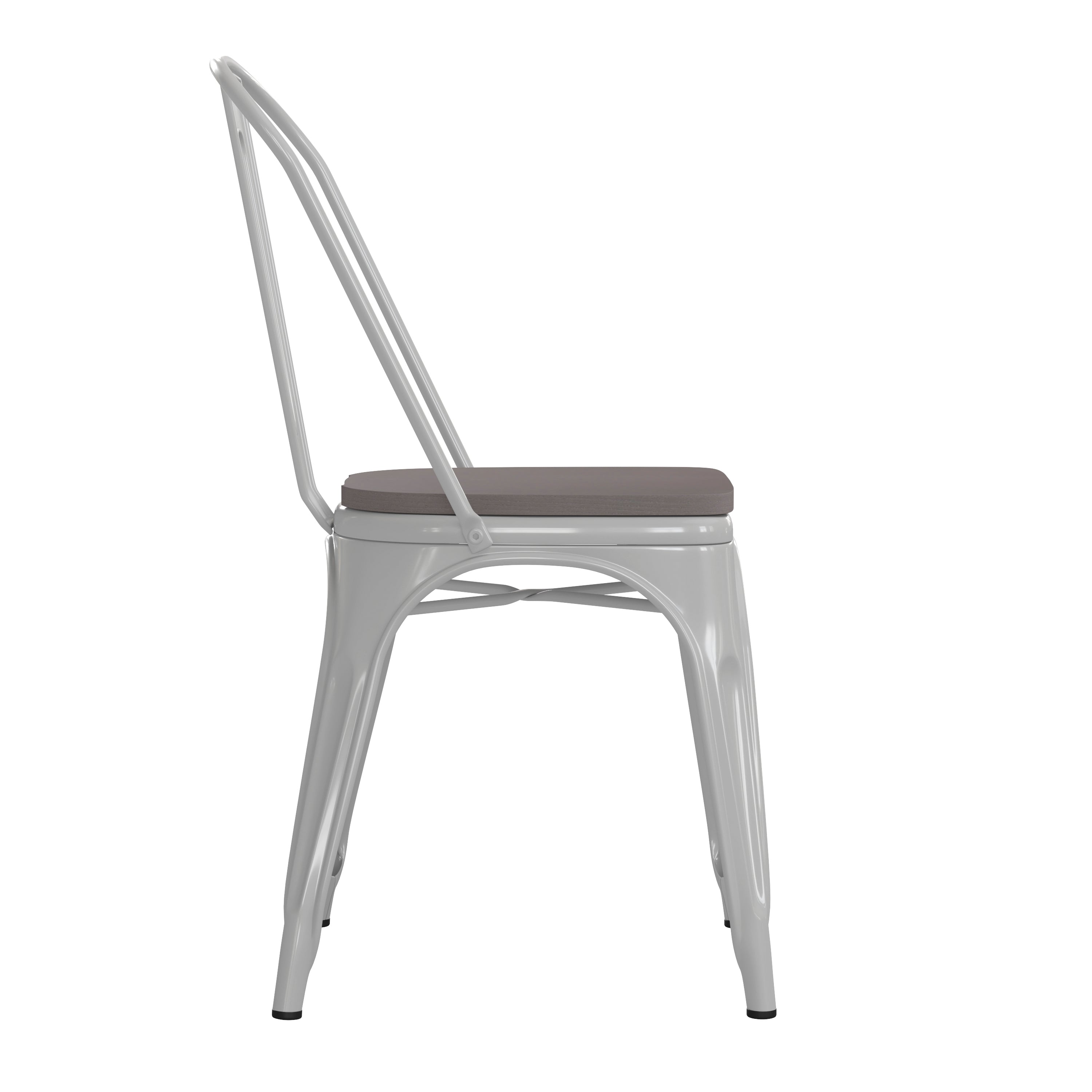 Perry Commercial Grade White Metal Indoor-Outdoor Stackable Chair with Gray Poly Resin Wood Seat