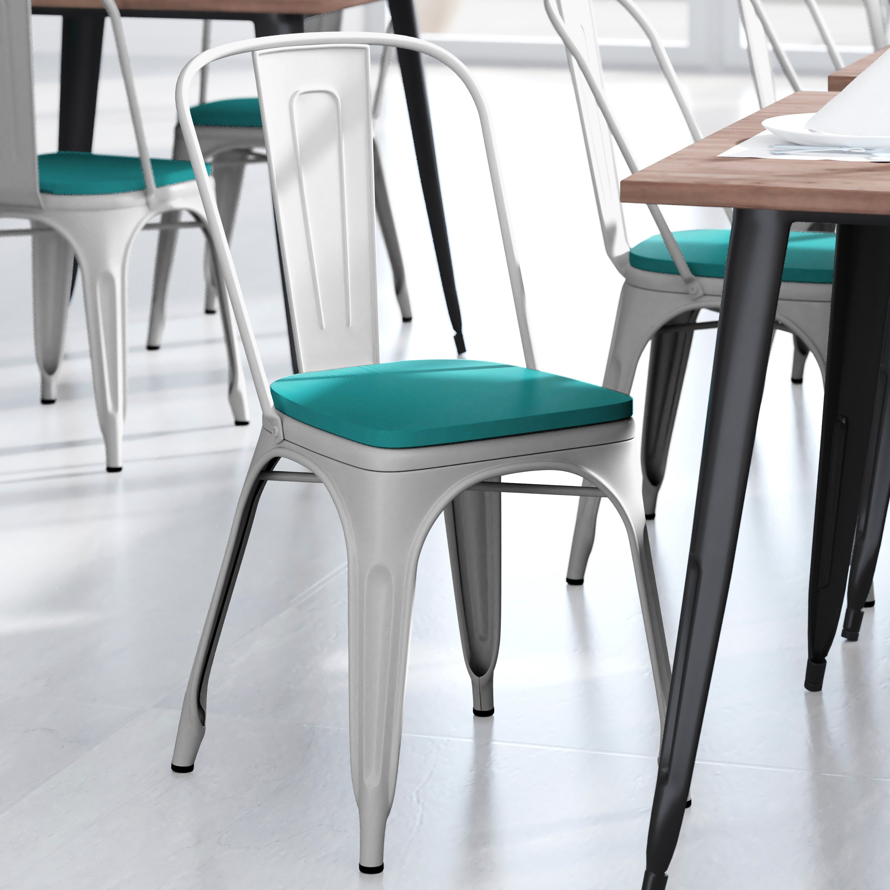 Perry Commercial Grade White Metal Indoor-Outdoor Stackable Chair with Mint Green Poly Resin Wood Seat