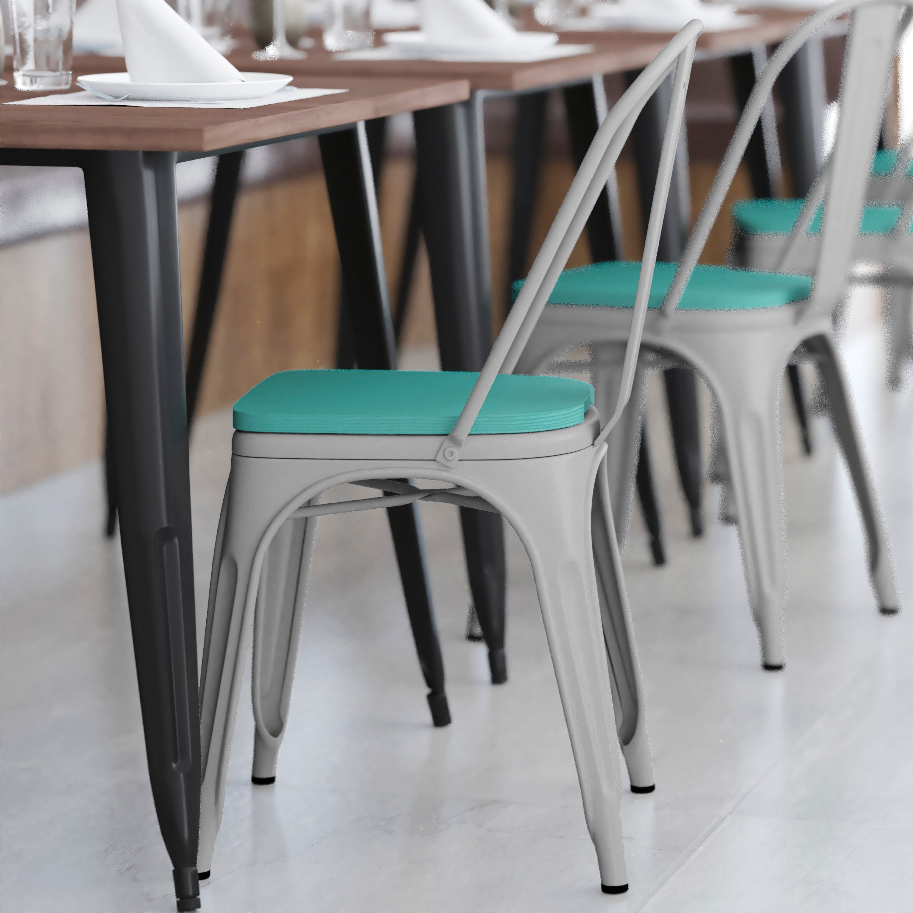 Perry Commercial Grade White Metal Indoor-Outdoor Stackable Chair with Mint Green Poly Resin Wood Seat