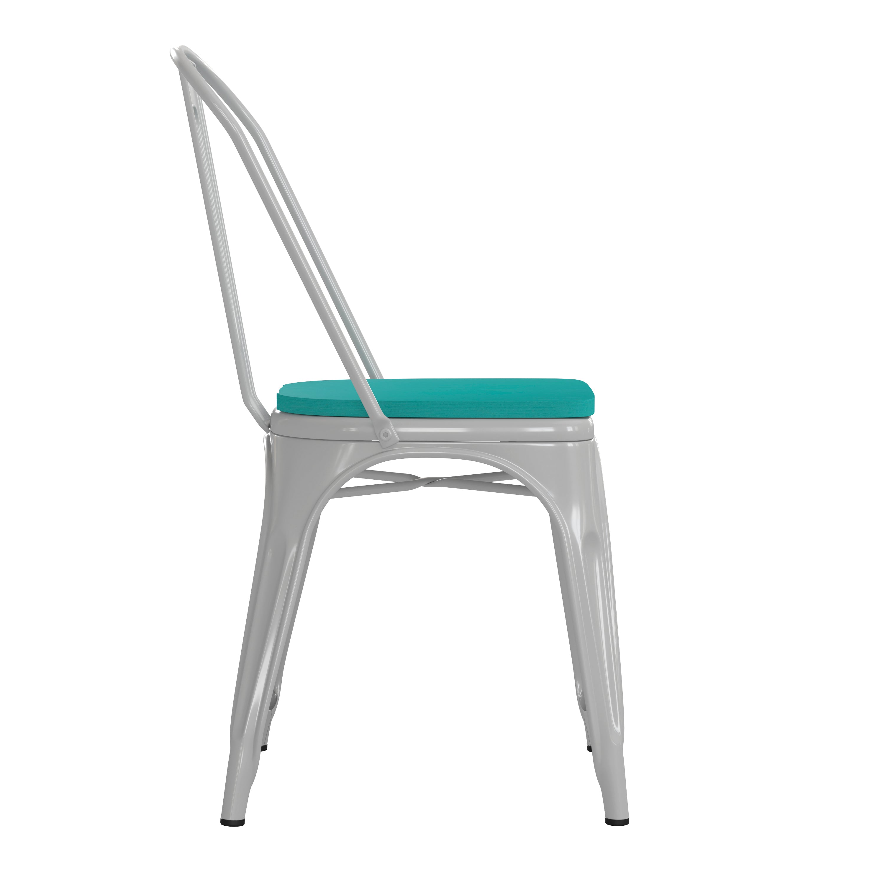 Perry Commercial Grade White Metal Indoor-Outdoor Stackable Chair with Mint Green Poly Resin Wood Seat