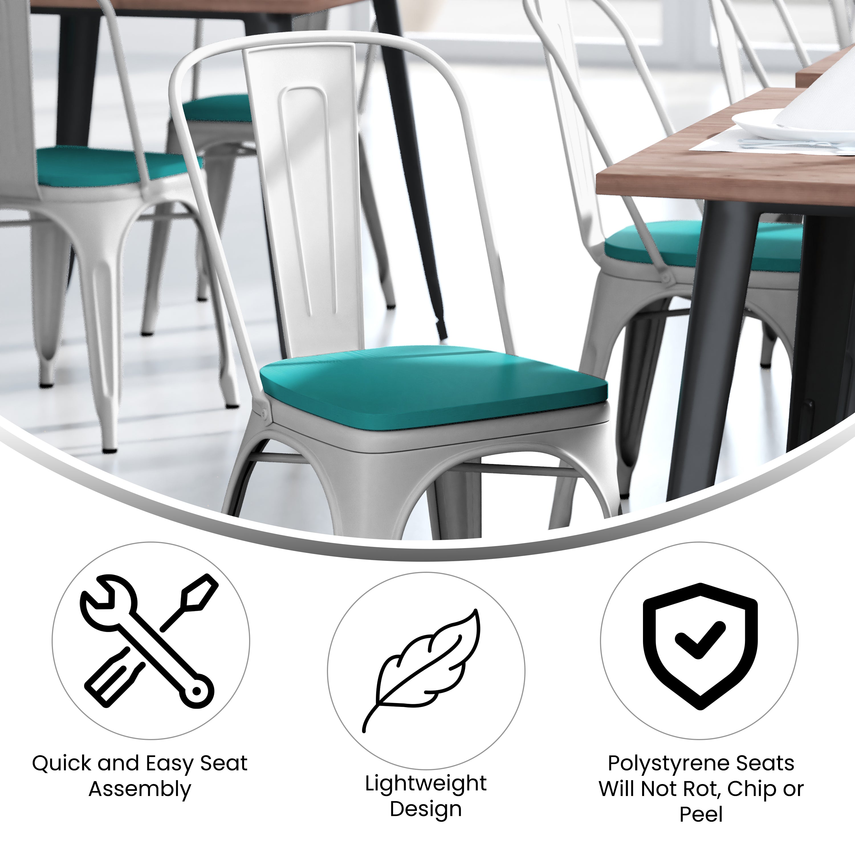 Perry Commercial Grade White Metal Indoor-Outdoor Stackable Chair with Mint Green Poly Resin Wood Seat