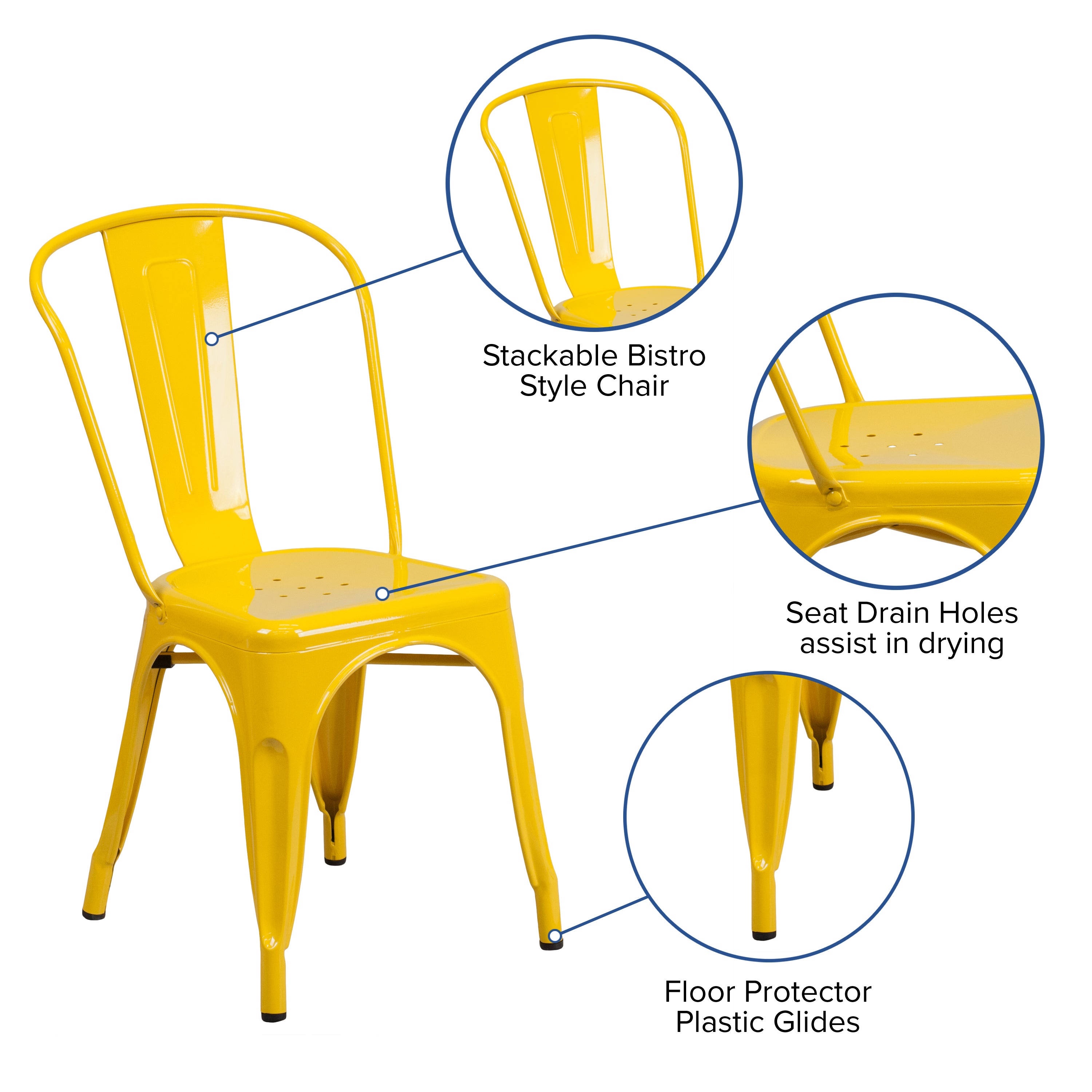 Foster Commercial Grade 31.5" Square Yellow Metal Indoor-Outdoor Table Set with 4 Stack Chairs