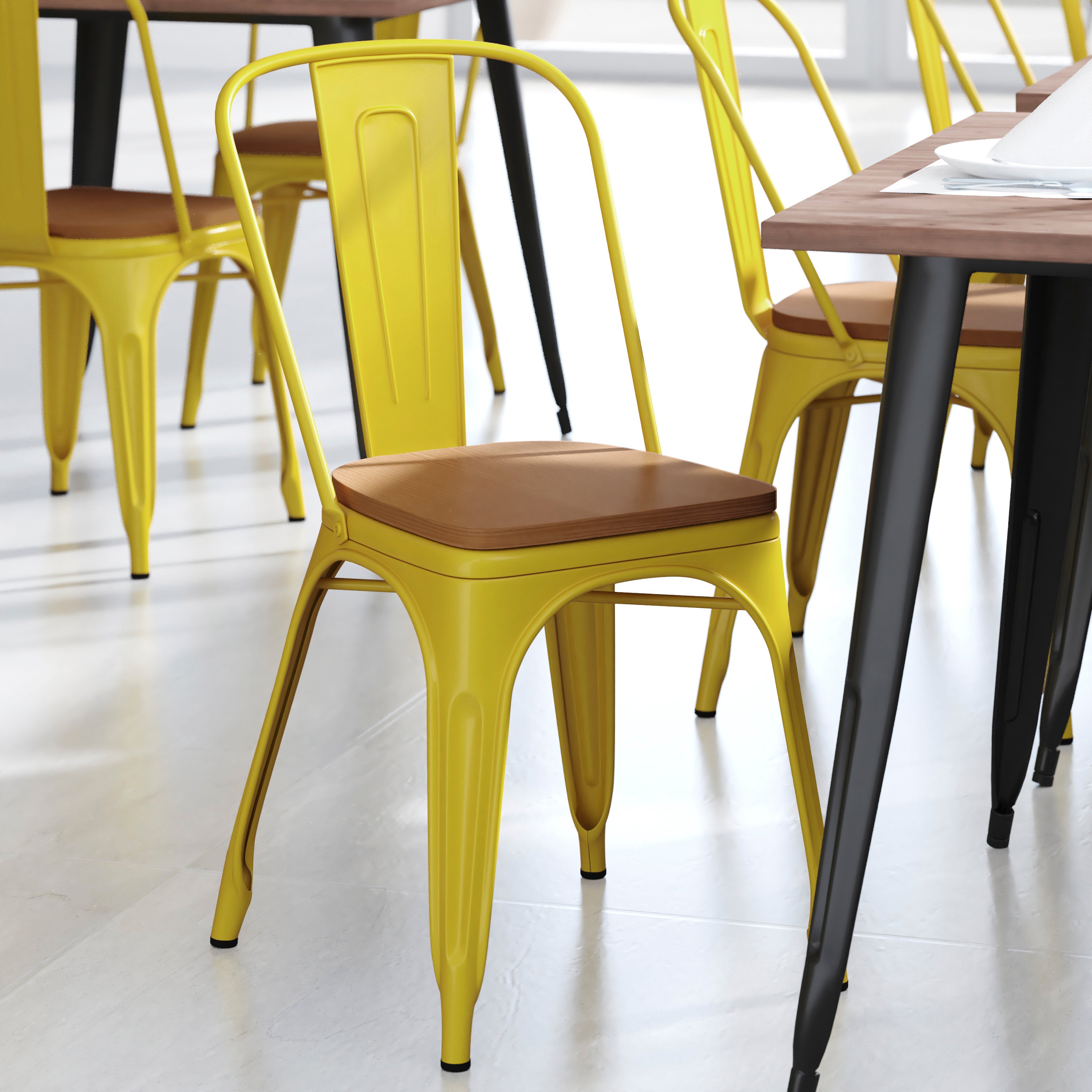Perry Commercial Grade Yellow Metal Indoor-Outdoor Stackable Chair with Teak Poly Resin Wood Seat